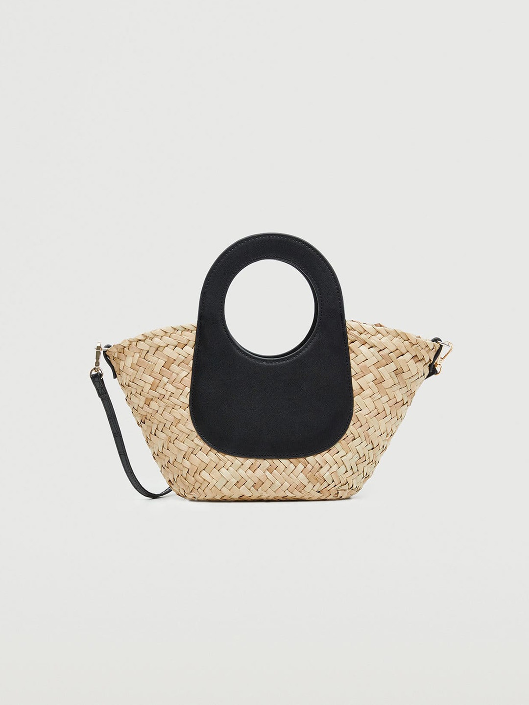 

MANGO Beige & Black Basketweave Bucket Handheld Bag