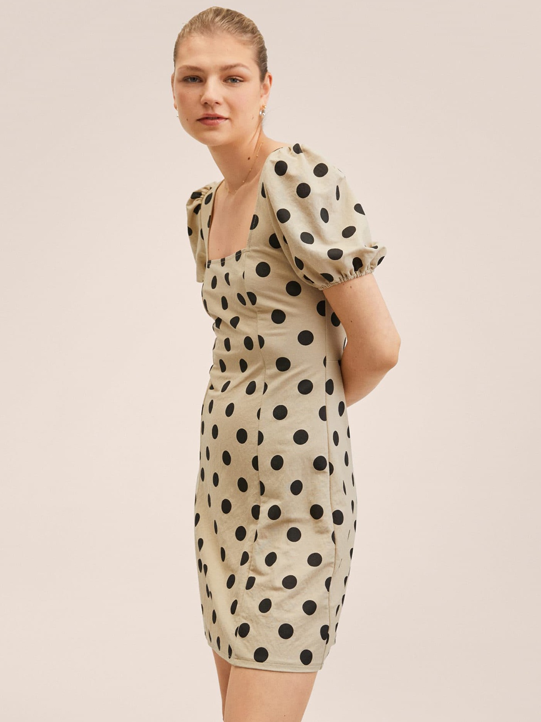 

MANGO Beige & Black Polka Dots Print A-Line Mini Dress