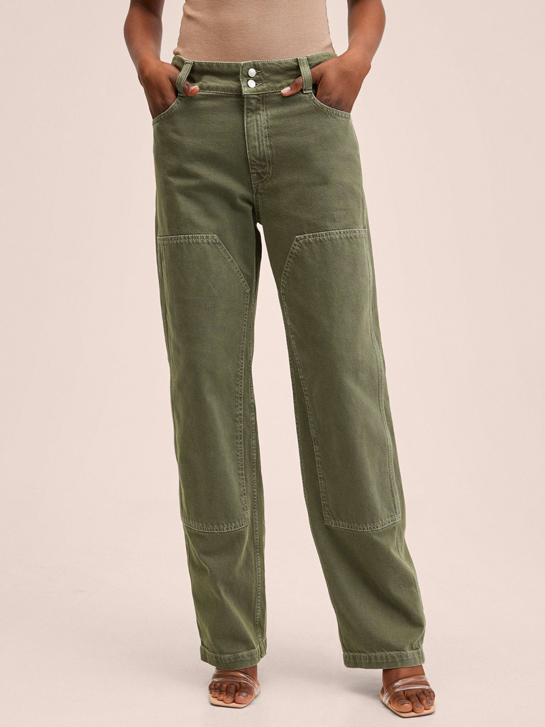 

MANGO Women Olive Green Panelled Jeans