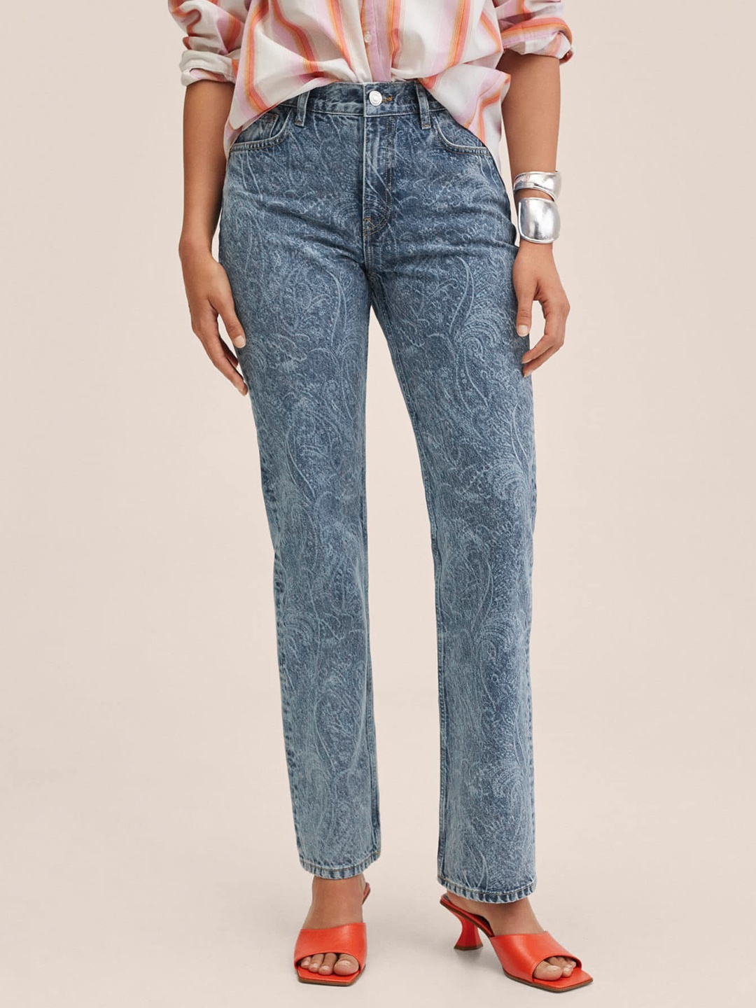 

MANGO Women Blue Straight Fit Paisley Print Light Fade Printed Stretchable Jeans
