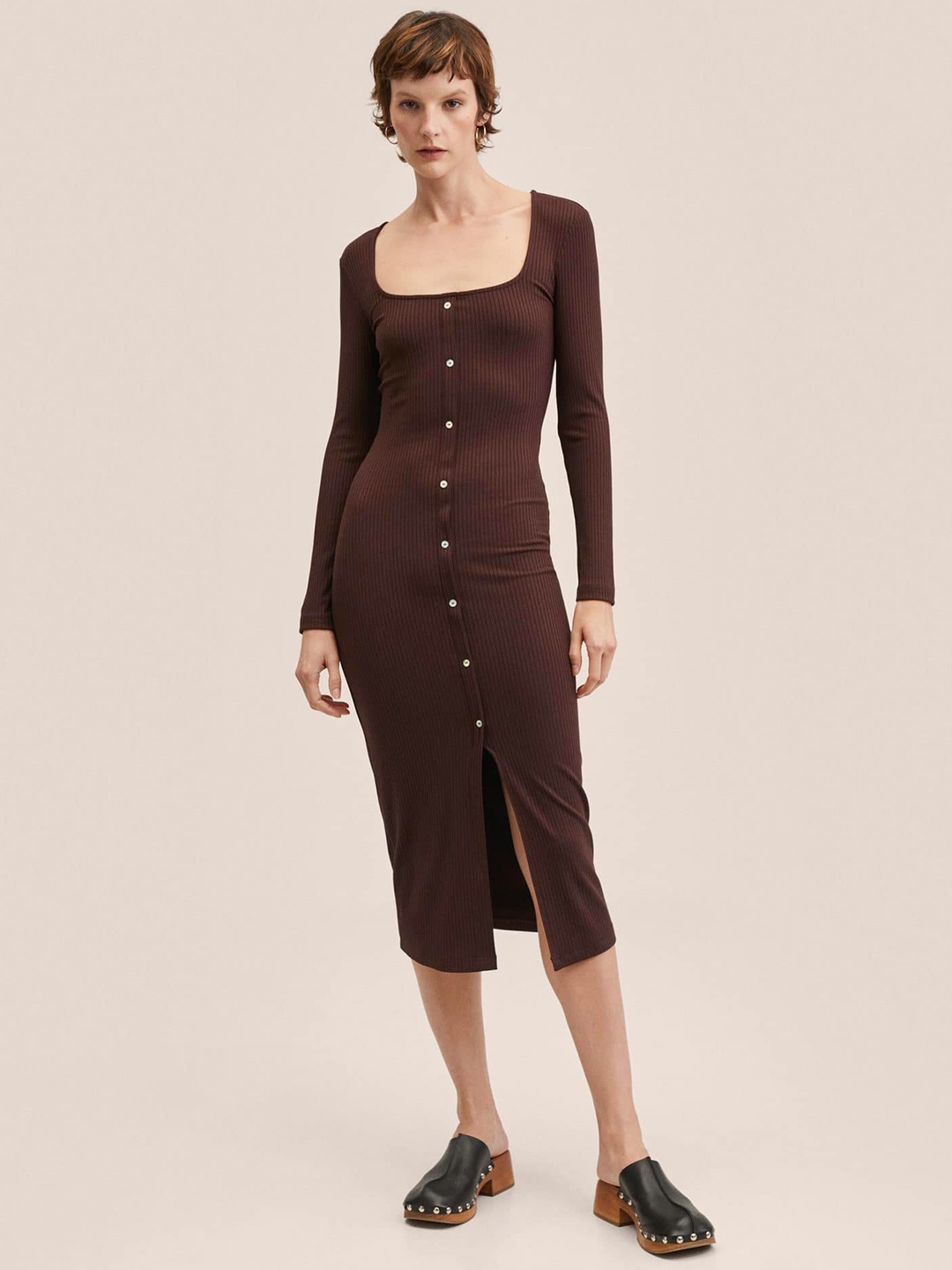 

MANGO Coffee Brown Ribbed Sheath Midi Dress