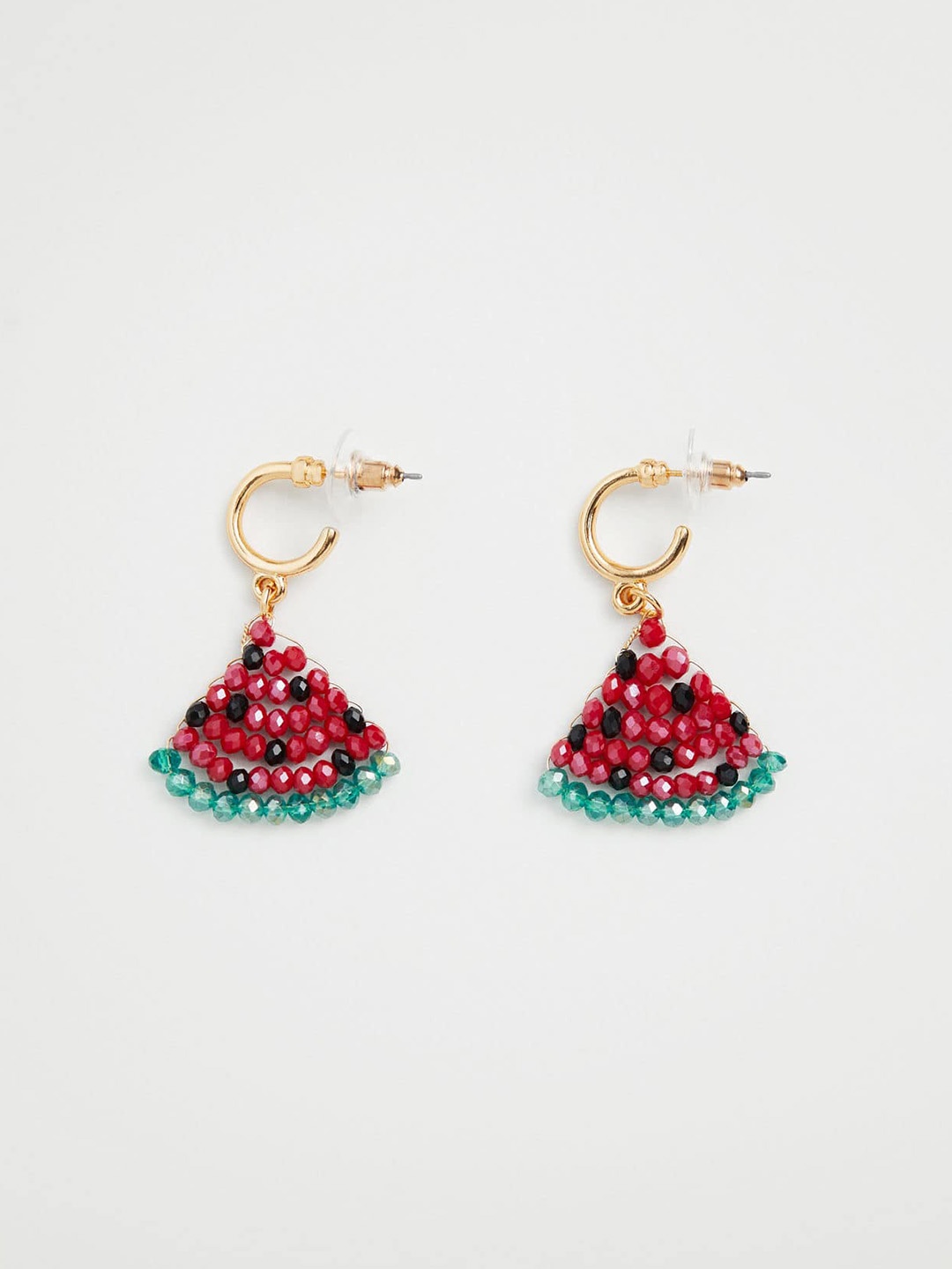 

MANGO Gold-Toned & Red Beaded Watermelon Quirky Drop Earrings