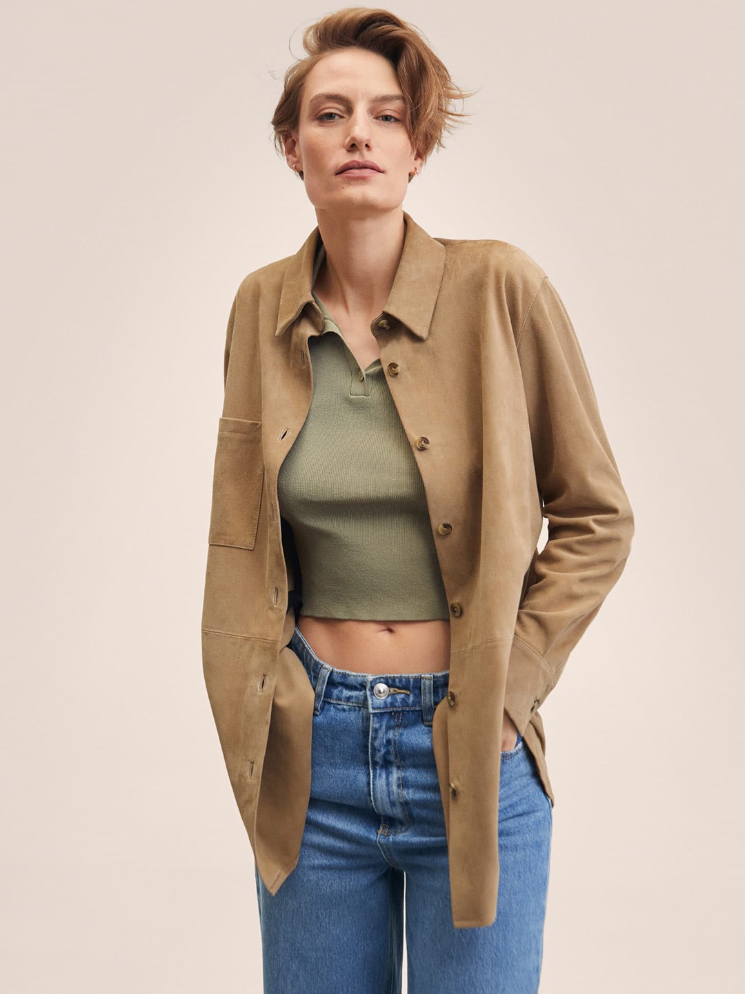

MANGO Women Brown Solid Suede Leather Shacket