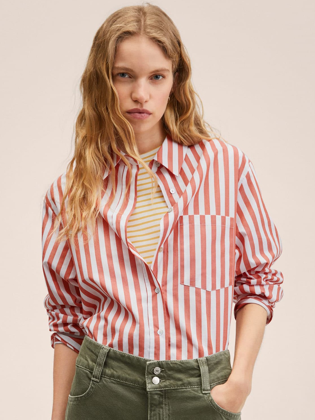 

MANGO Women Red & White Pure Cotton Striped Oversize Casual Shirt