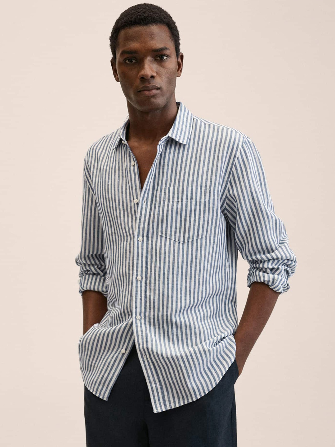 

MANGO MAN White & Grey Striped Casual Shirt
