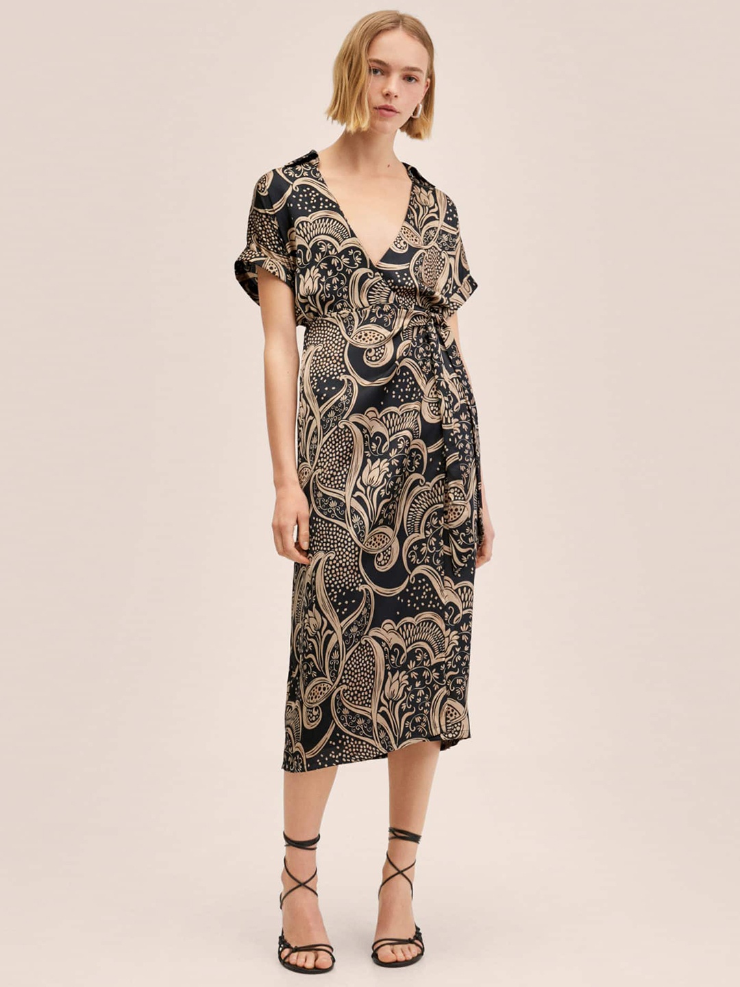 

MANGO Women Black & Brown Printed Midi Dress