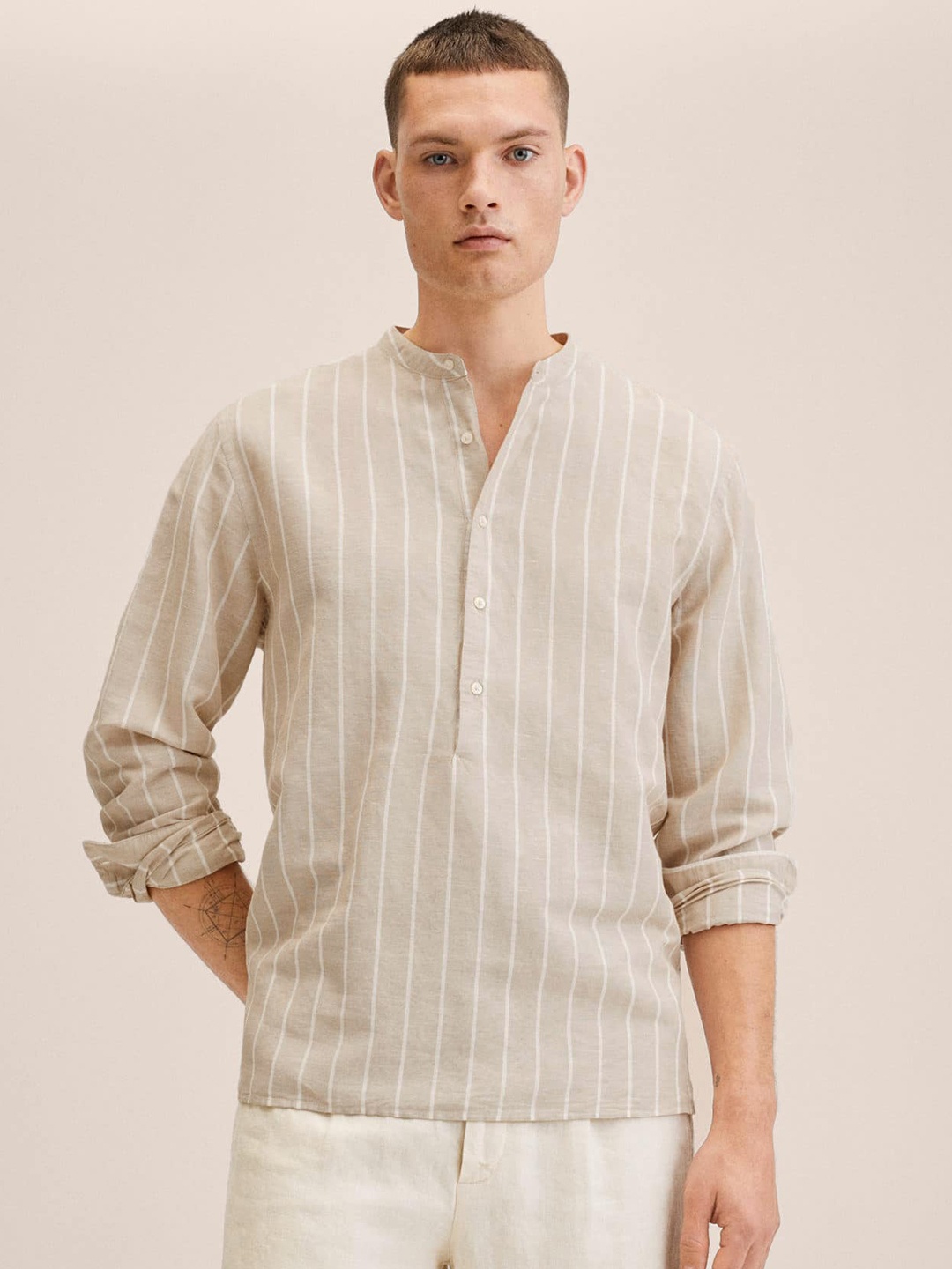 

MANGO MAN Beige & White Striped Casual Shirt