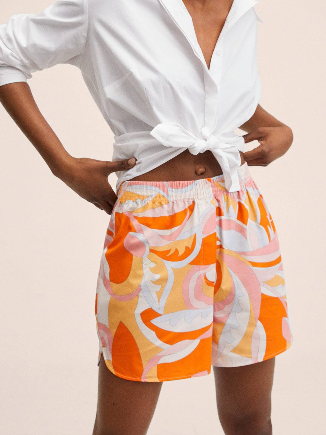 

MANGO Women White & Orange Printed Cotton Shorts