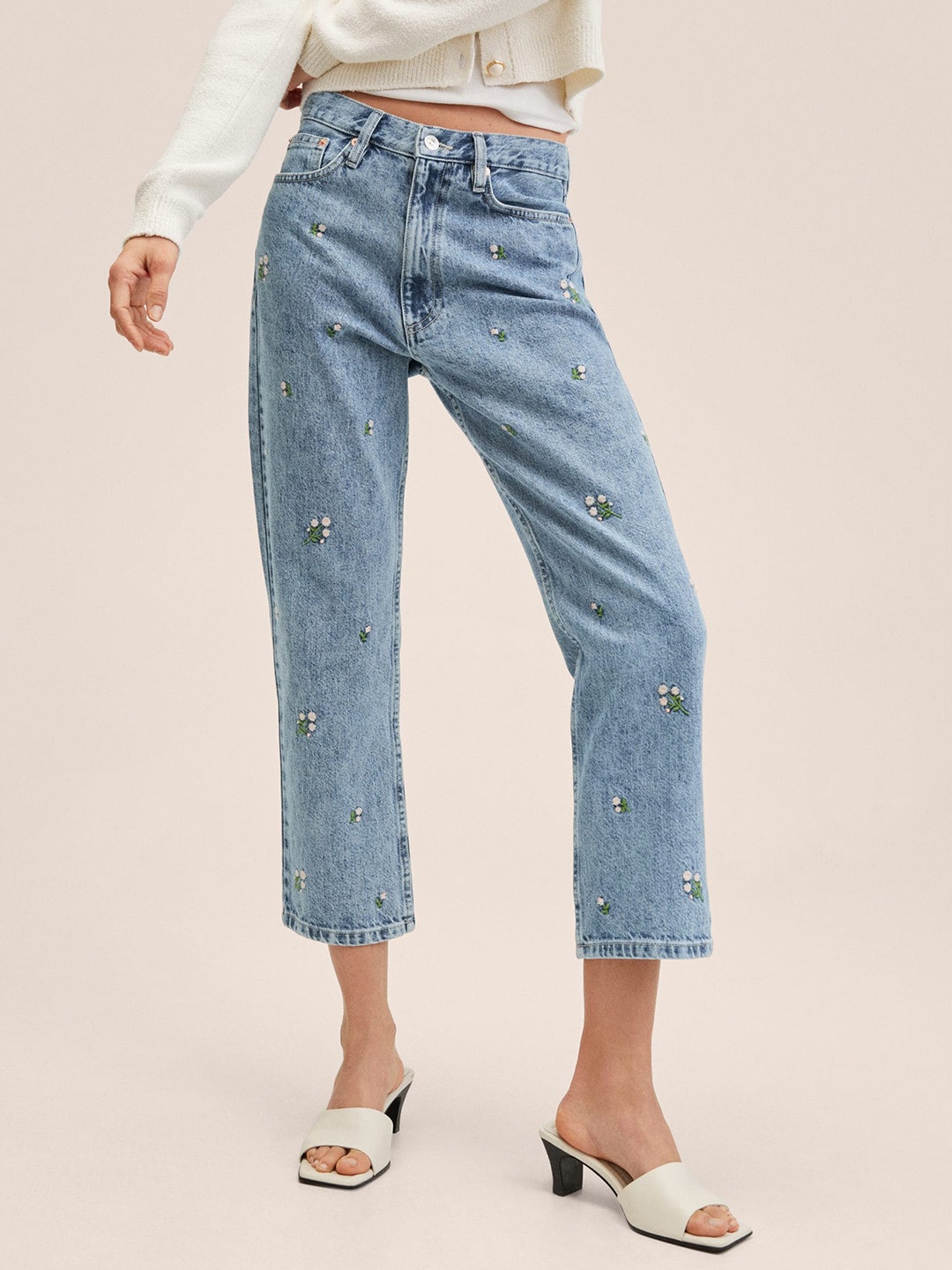 

MANGO Women Blue Embroidered Pure Cotton Straight Fit High-Rise Stretchable Jeans
