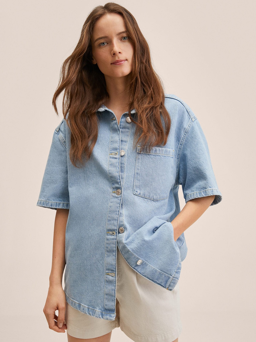 

MANGO Women Blue Solid Denim Oversize Shirt