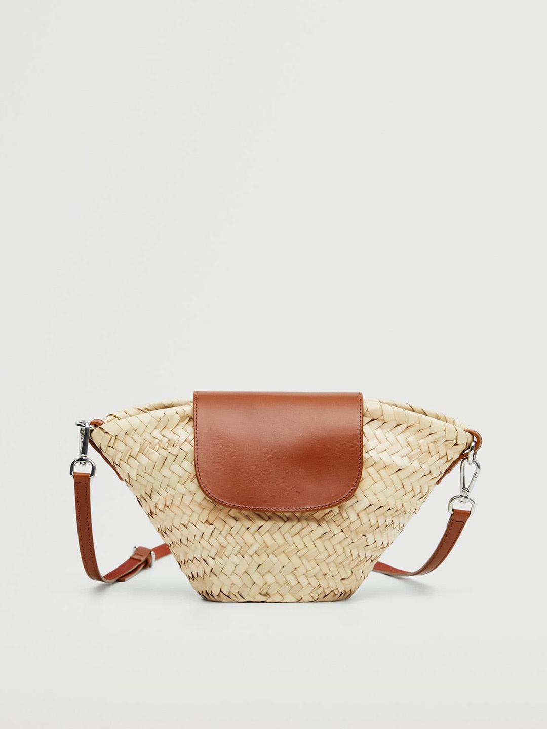 

MANGO Women Cream-Coloured & Tan Brown Basket Weave Structured Raffia Sling Bag