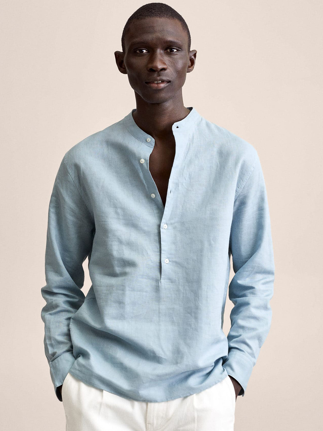 

MANGO MAN Men Sea Green Linen Cotton Solid Casual Shirt