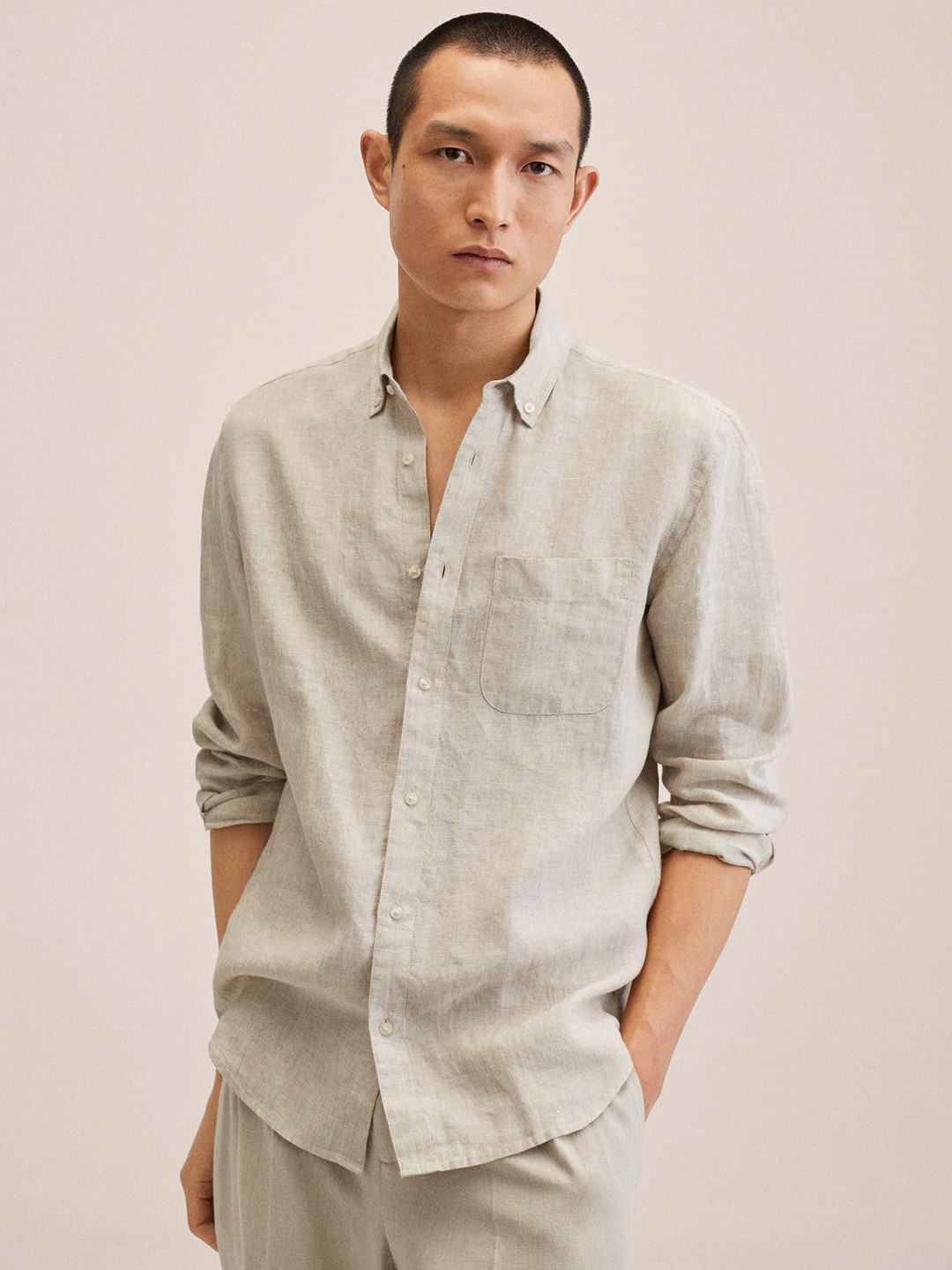 

MANGO Man Cream-Coloured Linen Casual Shirt