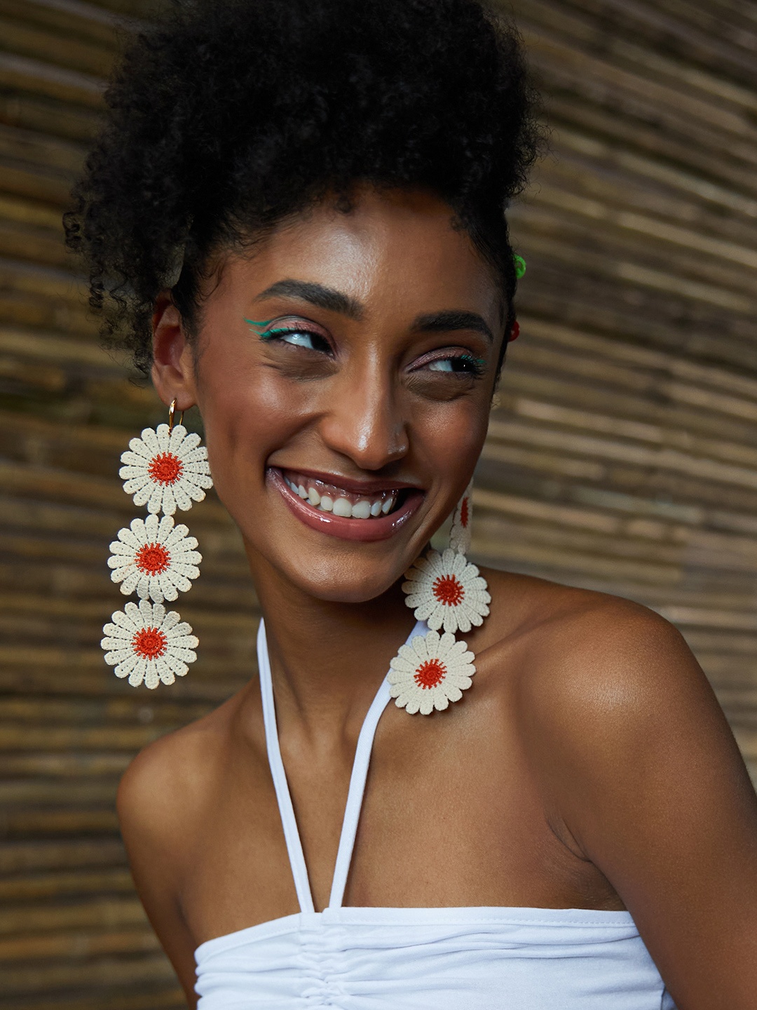 

MANGO Beige & Rust Orange Crochet Floral Drop Earrings