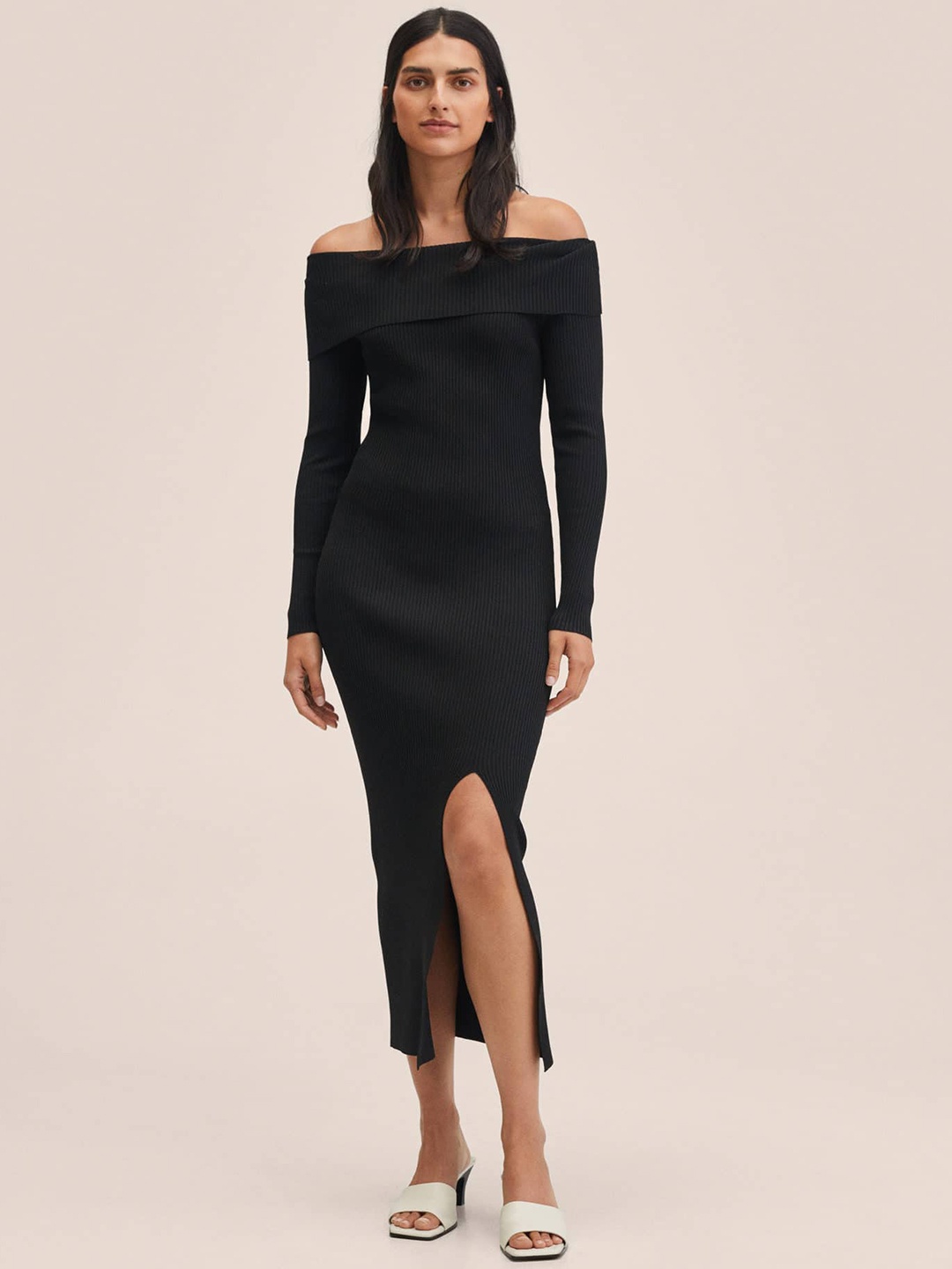 

MANGO Black Off-Shoulder A-Line Midi Dress