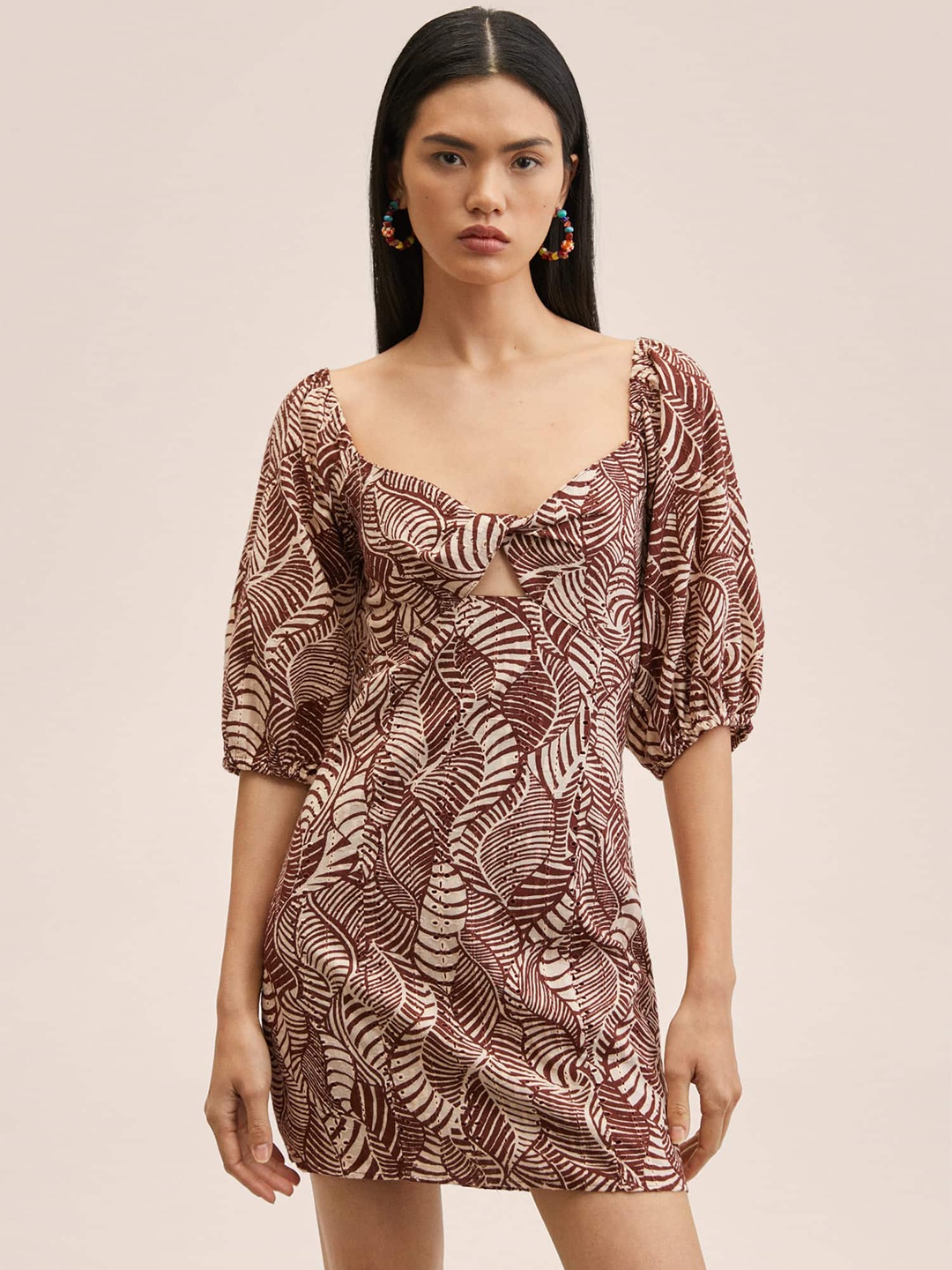 

MANGO Brown & White Pure Cotton Tropical Print A-Line Mini Dress