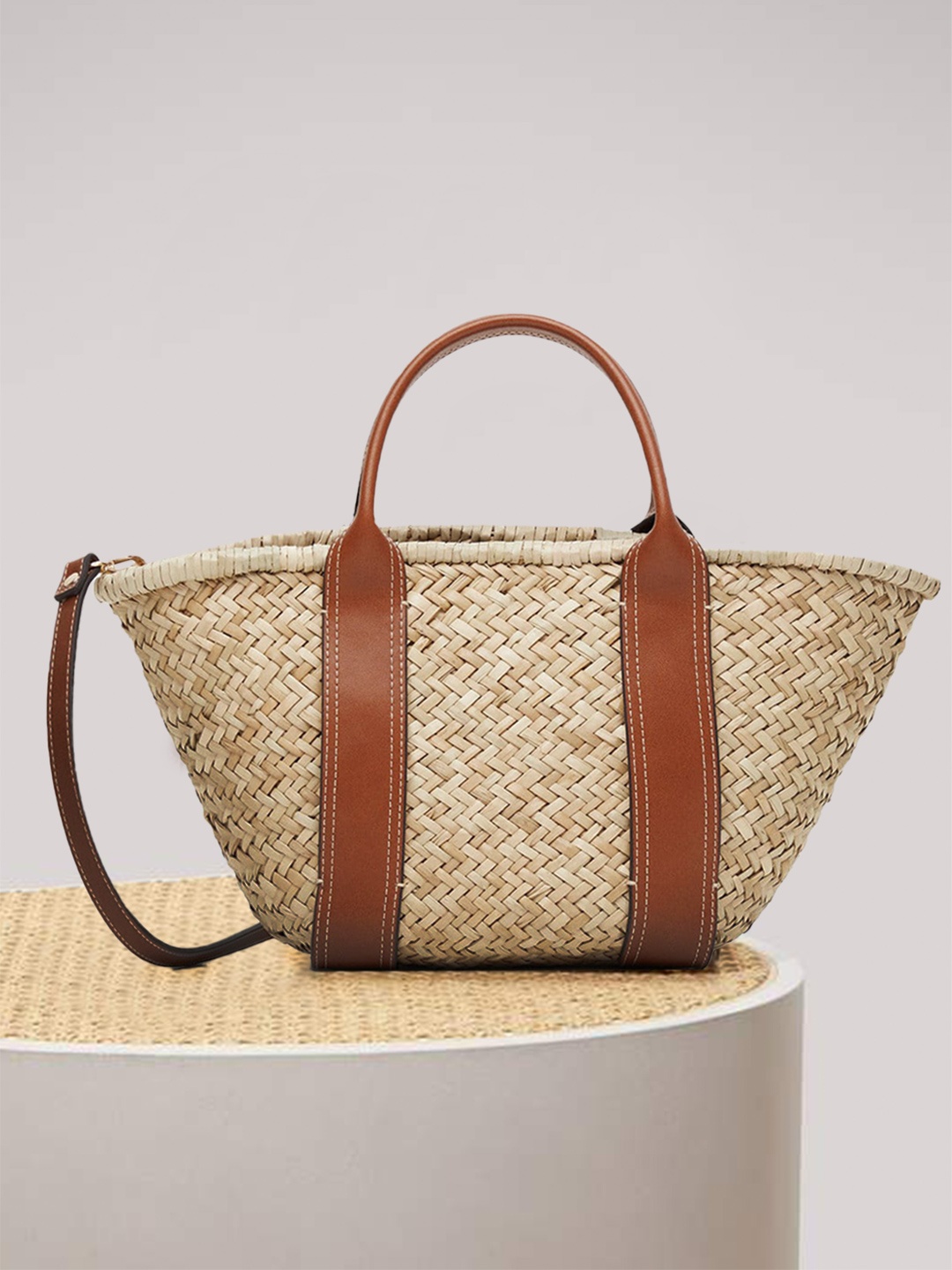 

MANGO Women Cream-Coloured & Tan Brown Sructured Basket Handheld Bag