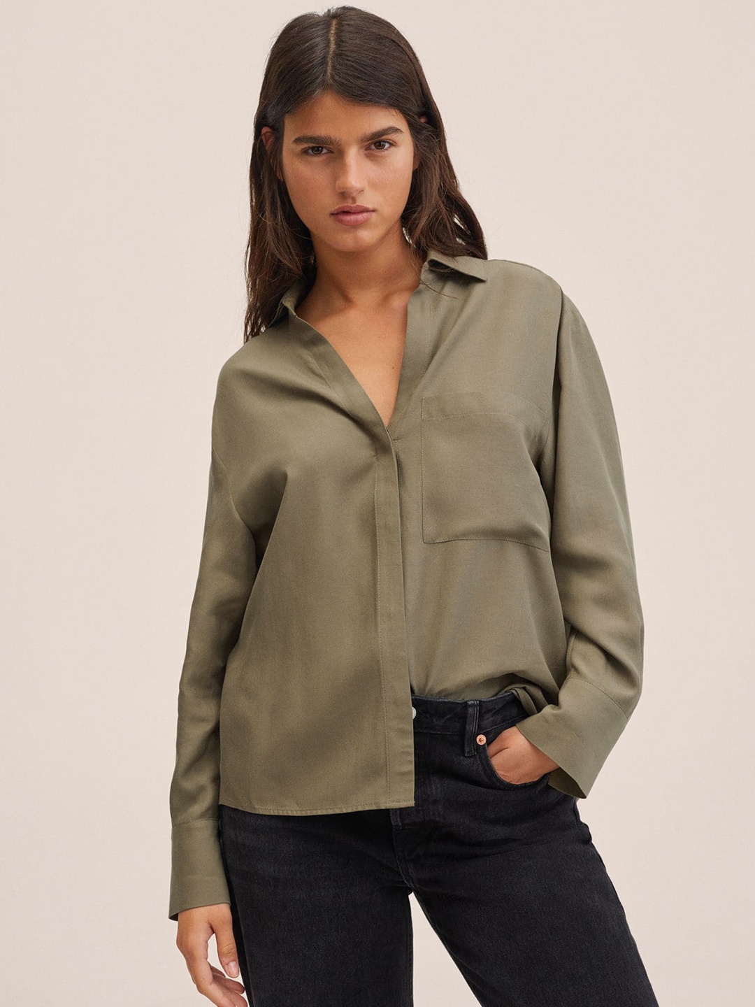 

MANGO Women Olive Green Oversized Casual Shirt