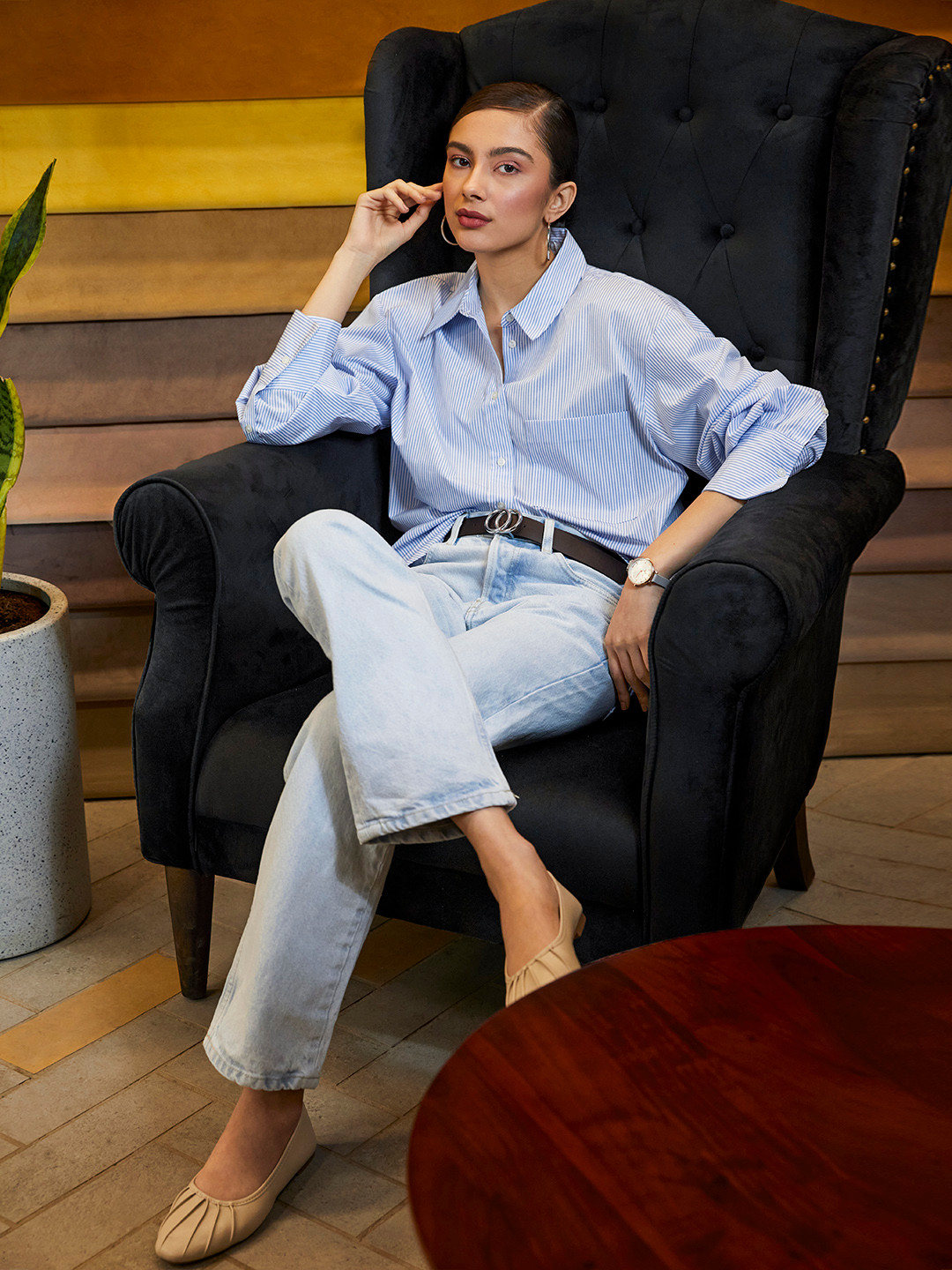 

MANGO Women Blue & White Striped Casual Oversized Shirt