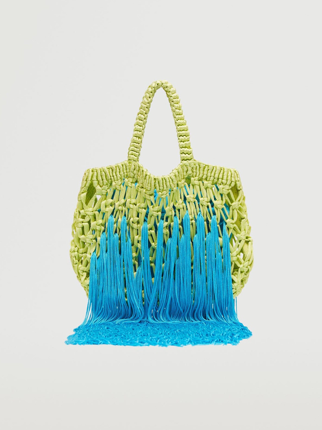 

MANGO Women Lime Green & Blue Self Design Fringed Structured Handheld Bag
