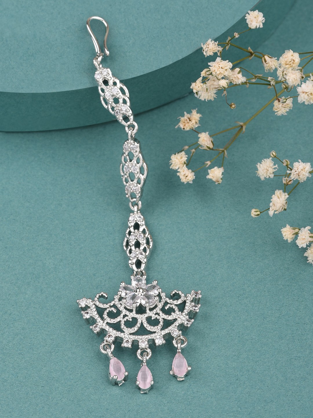 

Fida Pink Rhodium-Plated AD-Studded Handcrafted Maang Tikka Head Jewellery