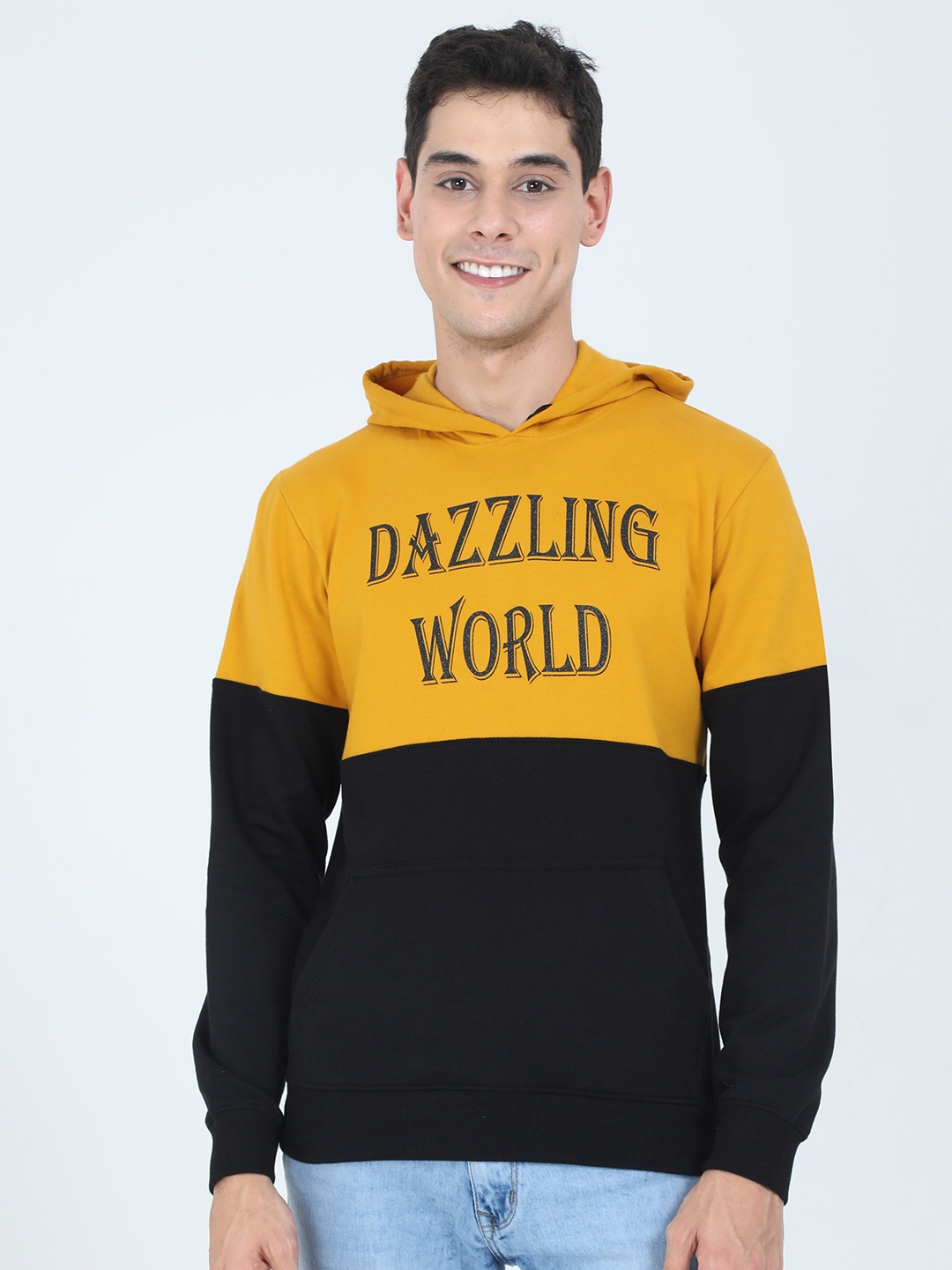 

Fleximaa Men Yellow Colourblocked Hooded Sweatshirt