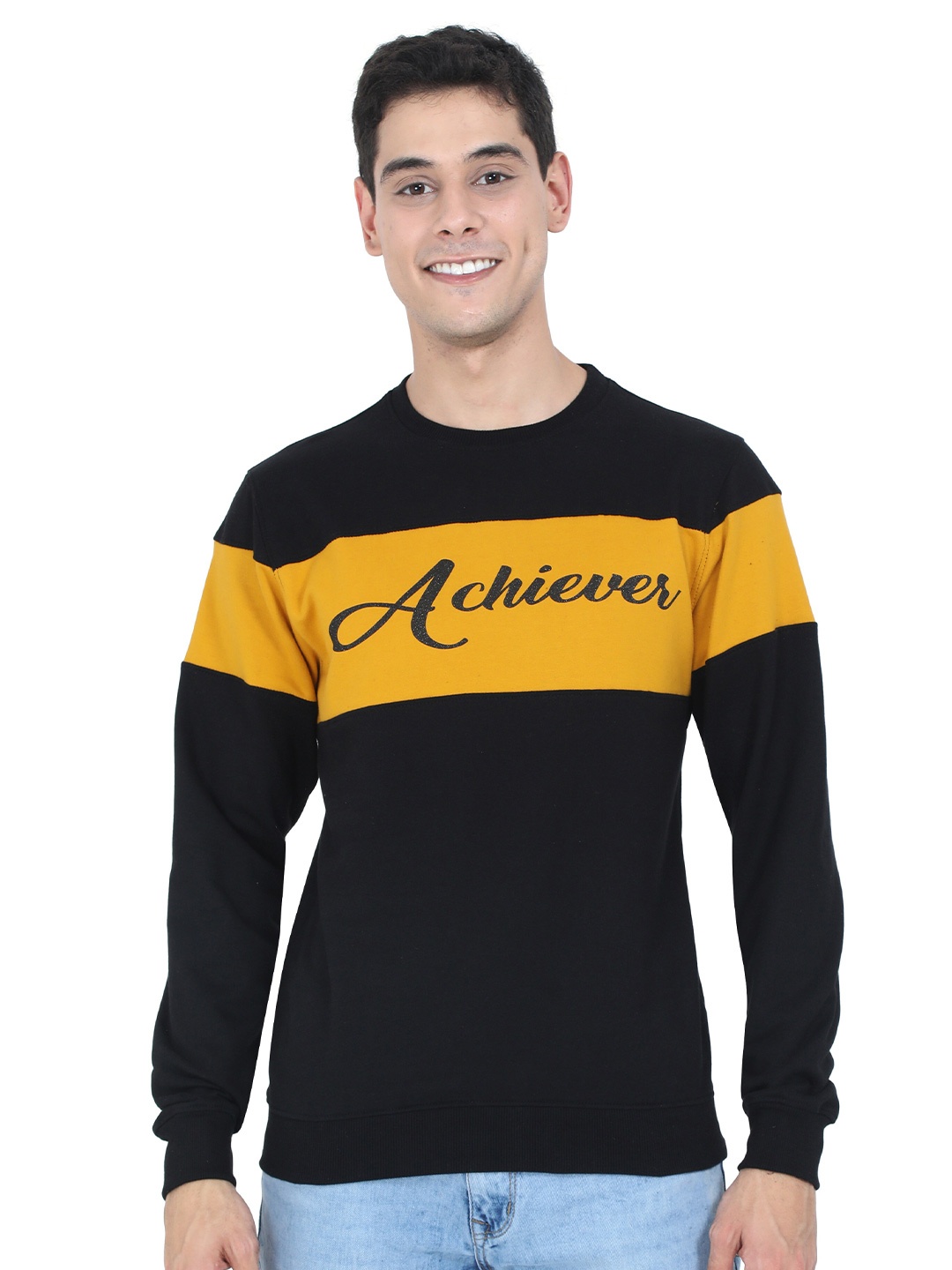 

Fleximaa Men Black & Yellow Colourblocked Sweatshirt