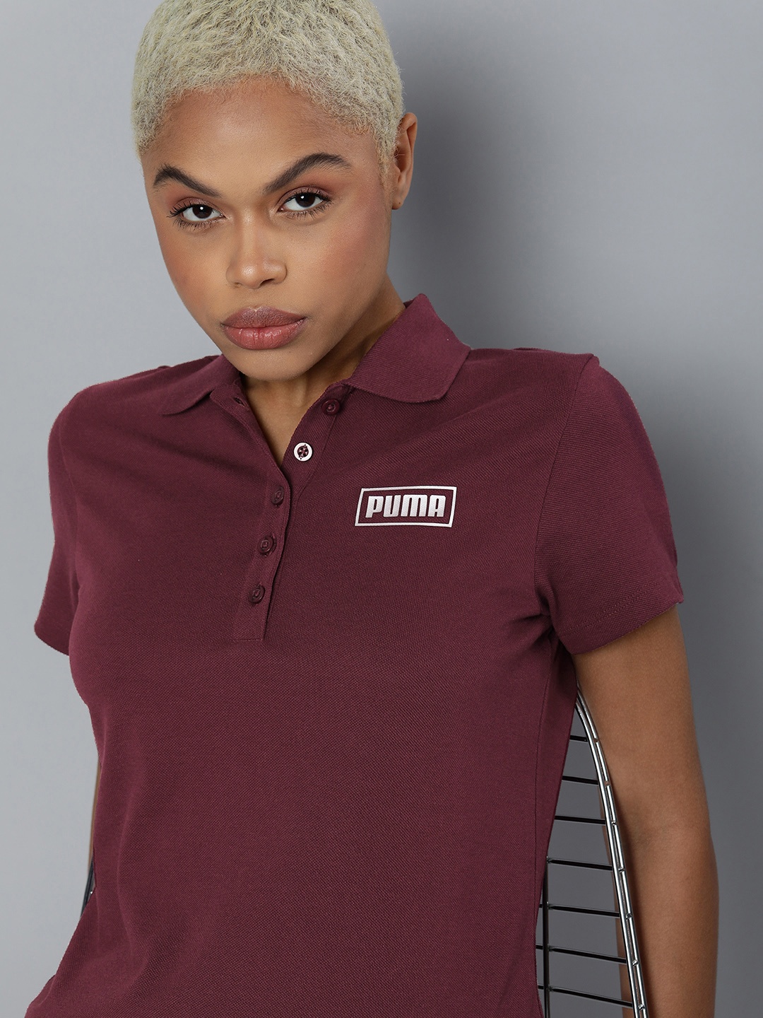 

Puma Women Burgundy Polo Collar T-shirt with Printed Detail