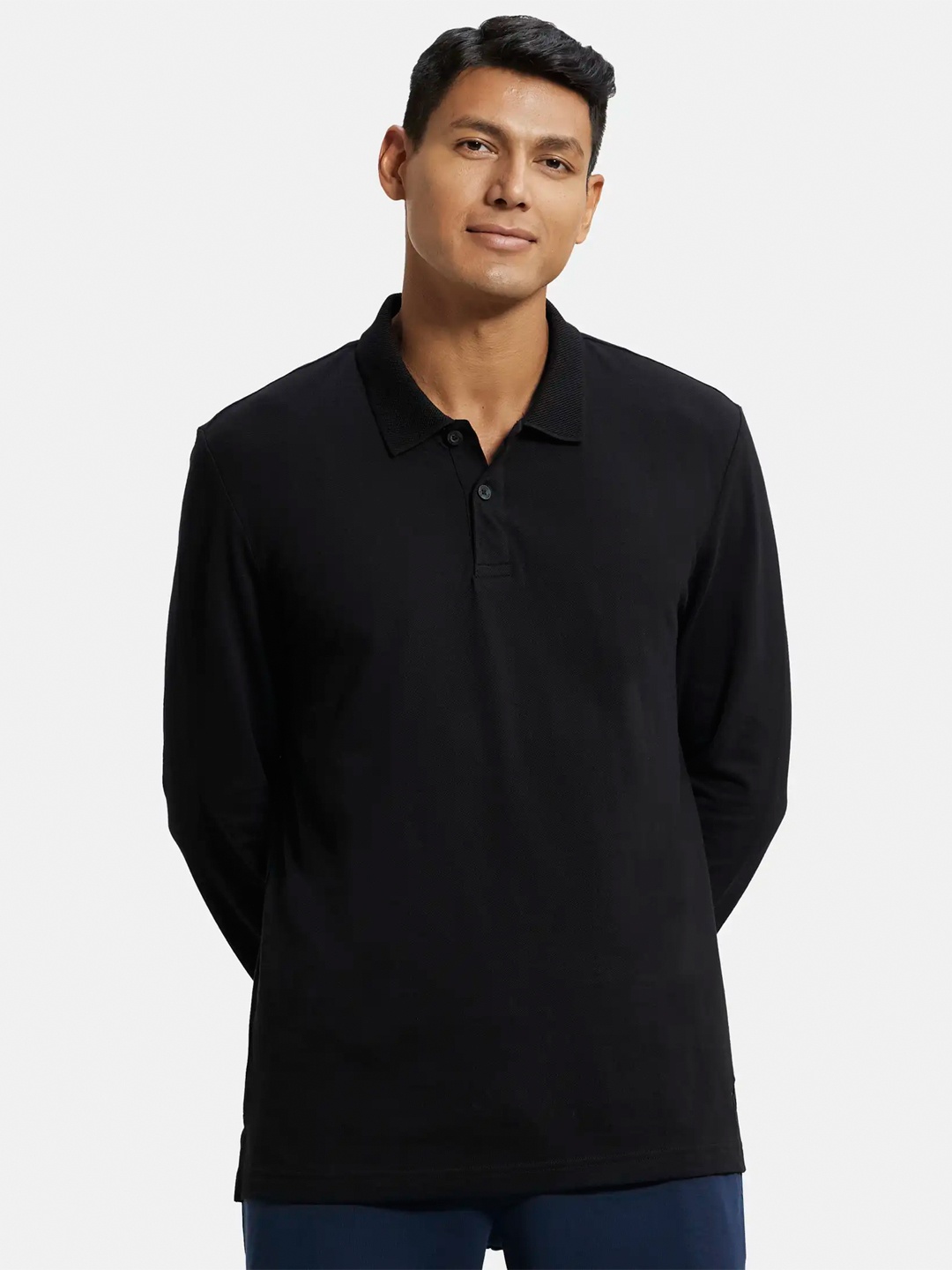 

Jockey Combed Cotton Rich Pique Fabric Full Sleeve Polo Tshirt with Ribbed Cuffs-AM96, Black