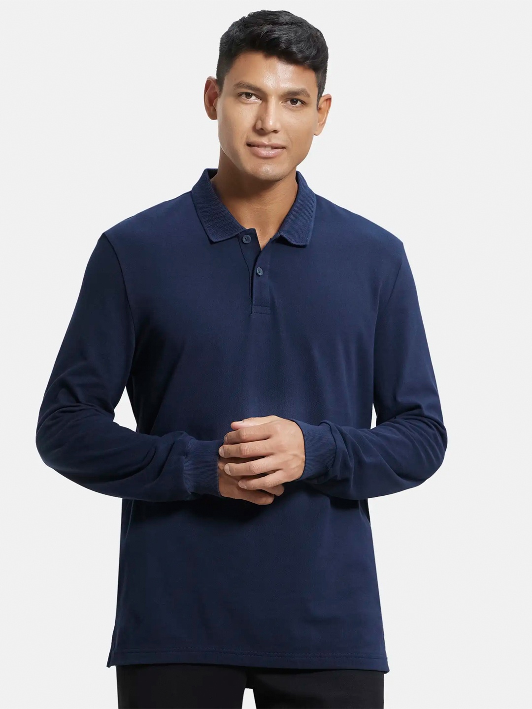 

Jockey Combed Cotton Rich Pique Fabric Full Sleeve Polo Tshirt with Ribbed Cuffs-AM96, Navy blue