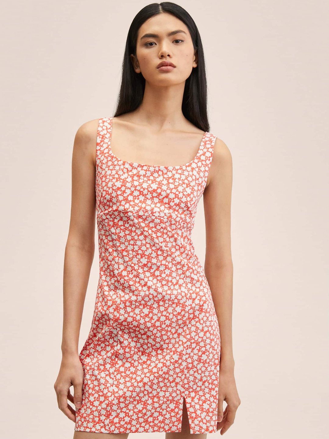 

MANGO Orange & White Floral Print Sheath Mini Dress