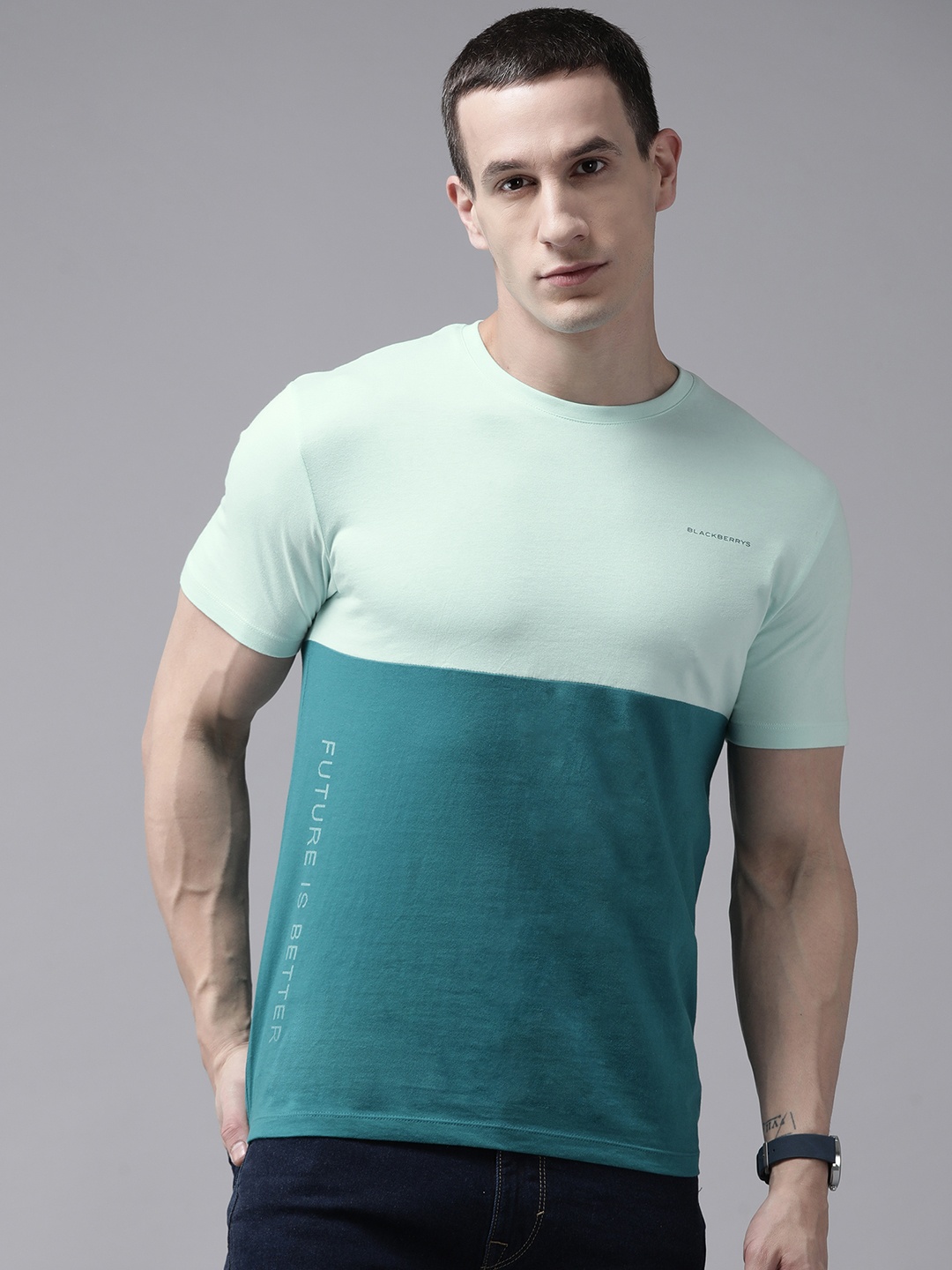 

Blackberrys Men Colourblocked Pure Cotton Slim Fit T-shirt, Green