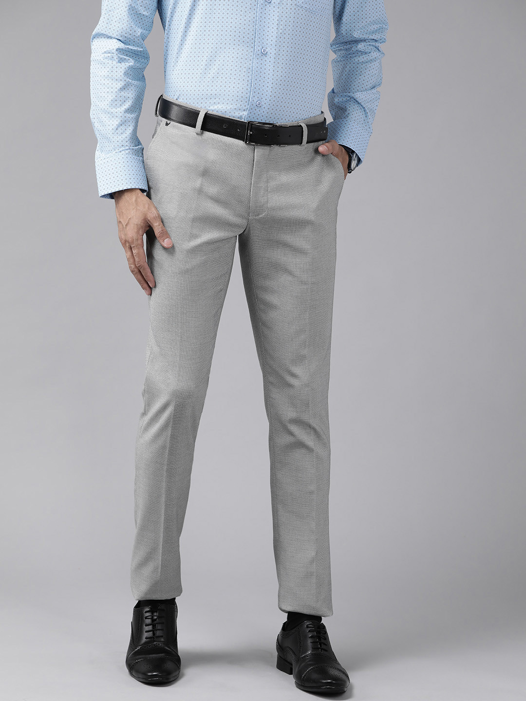 

Blackberrys Men Grey Self Design B-91 Skinny Fit Trousers