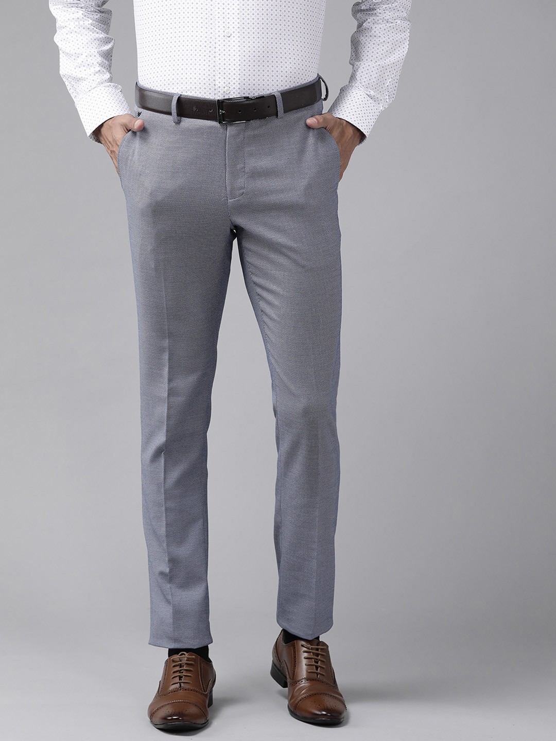 

Blackberrys Men Navy Blue Textured B-91 Skinny Fit Trousers
