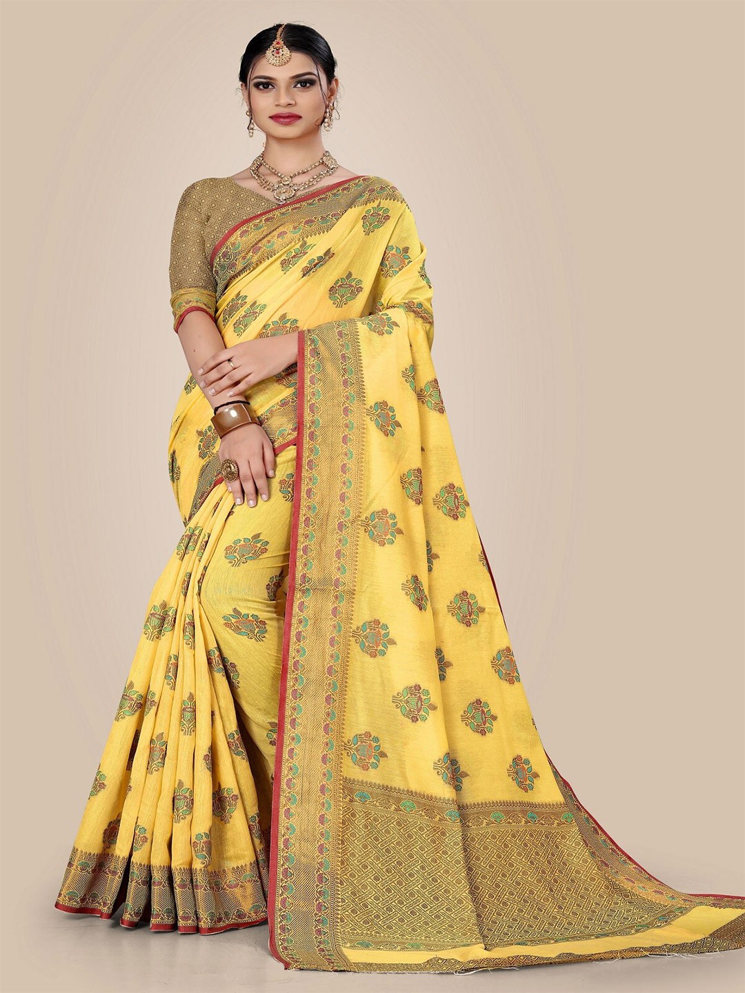 

Rivana Yellow & Floral Zari Pure Cotton Chanderi Saree