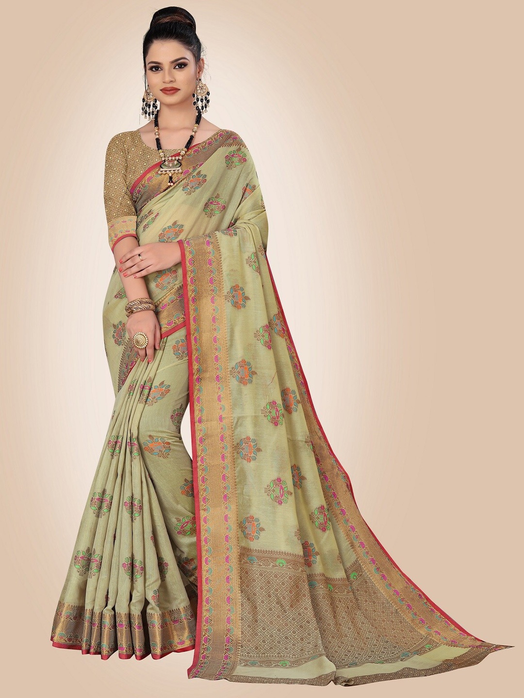 

Rivana Olive Green & Pink Floral Zari Pure Cotton Chanderi Saree