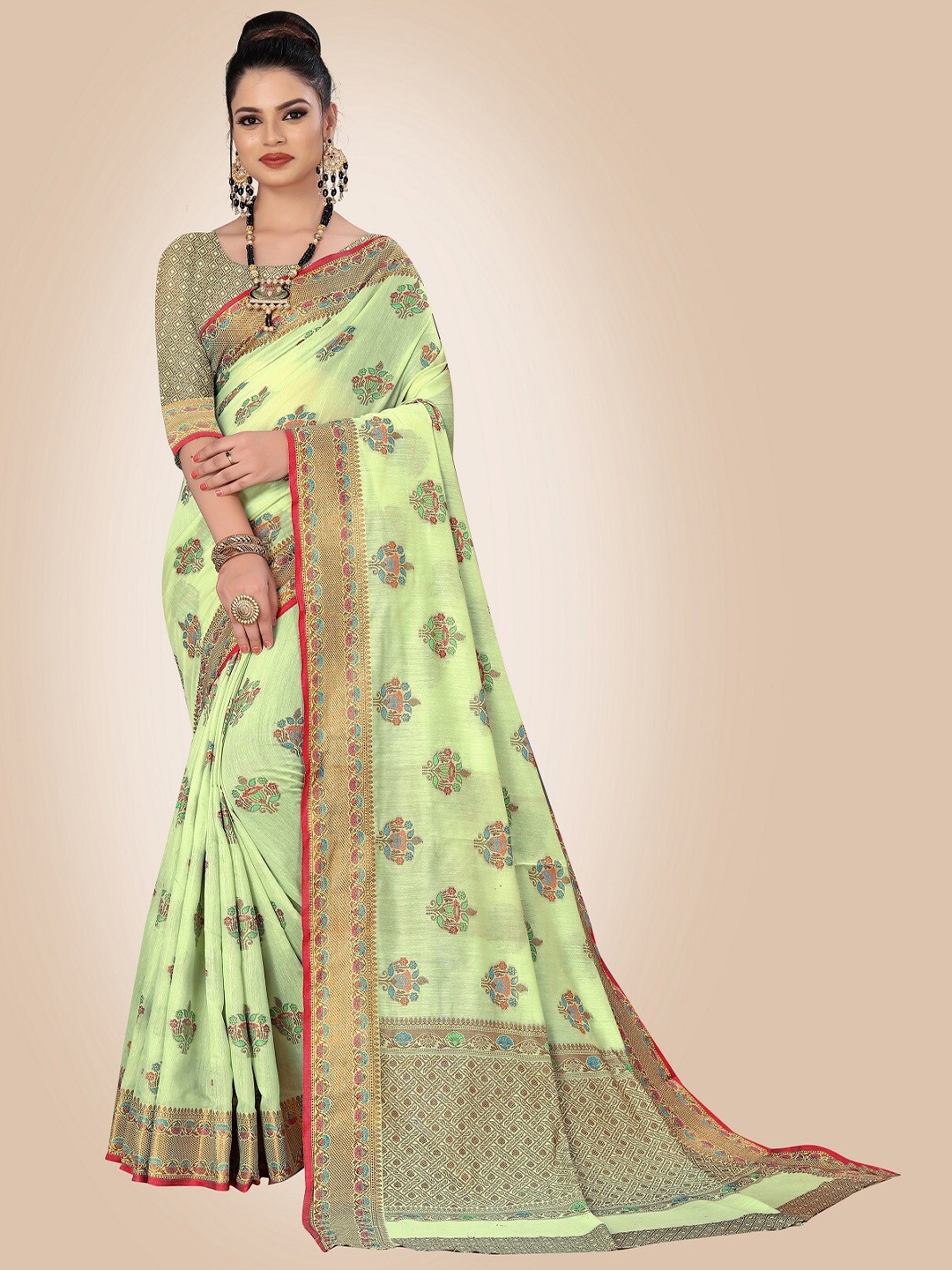

Rivana Fluorescent Green & Pink Woven Design Pure Cotton Chanderi Saree