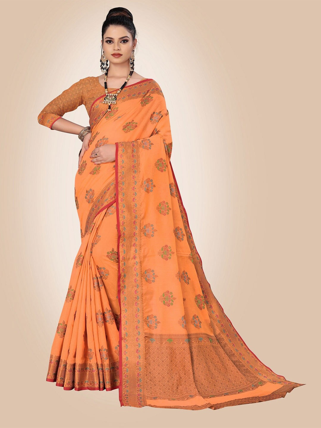 

Rivana Orange & Pink Ethnic Motifs Zari Pure Cotton Chanderi Saree