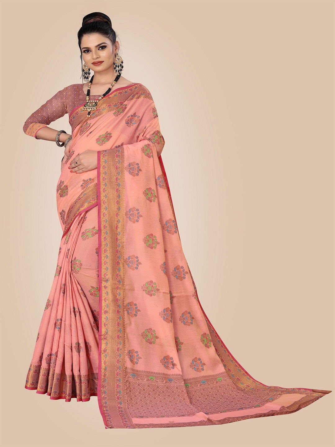 

Rivana Pink & Blue Ethnic Motifs Zari Pure Cotton Chanderi Saree