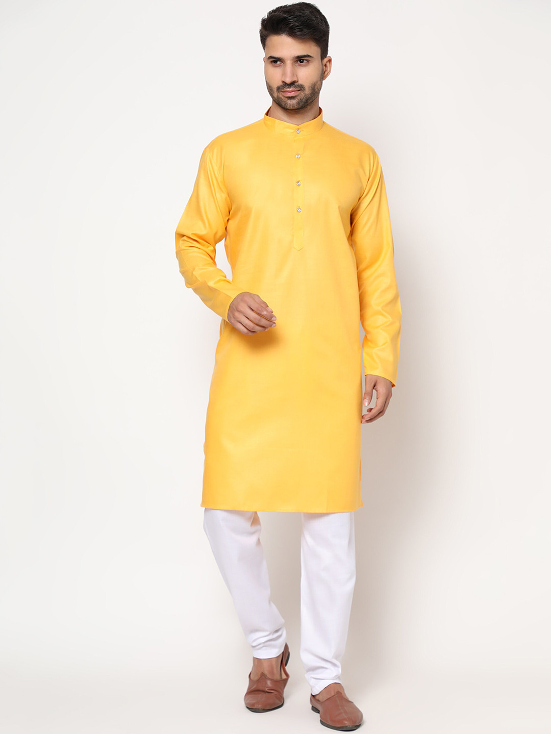 

PEONY SMART WORLD Men Yellow Solid Linen Kurta Set