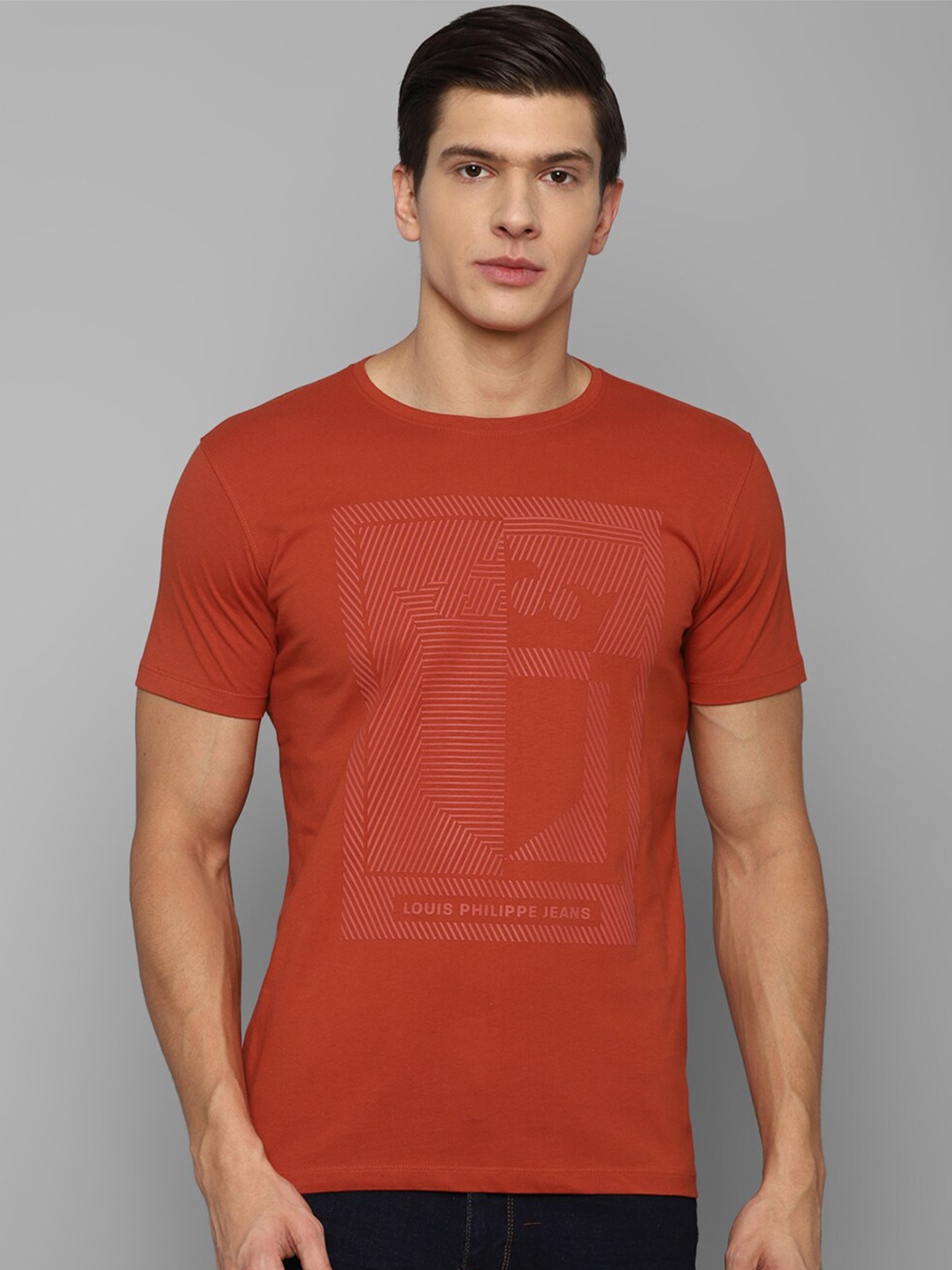 

Louis Philippe Jeans Men Red Typography Printed Slim Fit Pure Cotton T-shirt