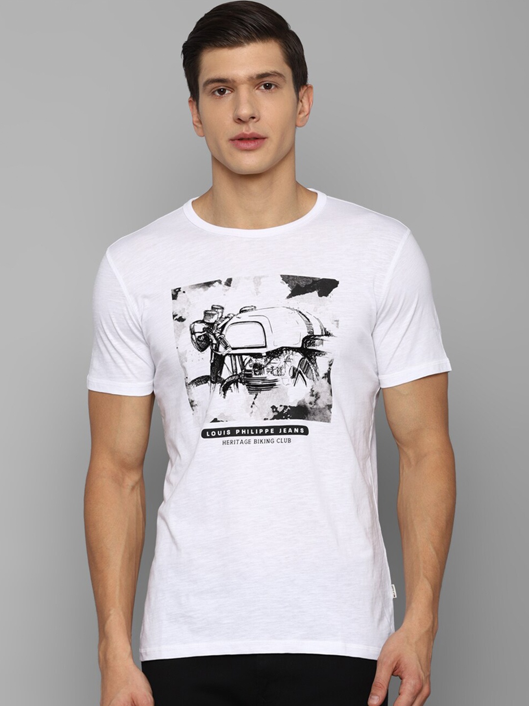 

Louis Philippe Jeans Men White Printed Pure Cotton Slim Fit T-shirt