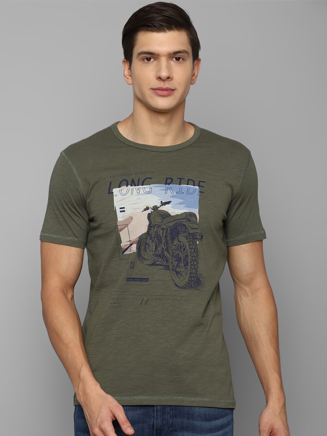 

Louis Philippe Jeans Men Olive Green Biker Printed Slim Fit Cotton T-shirt