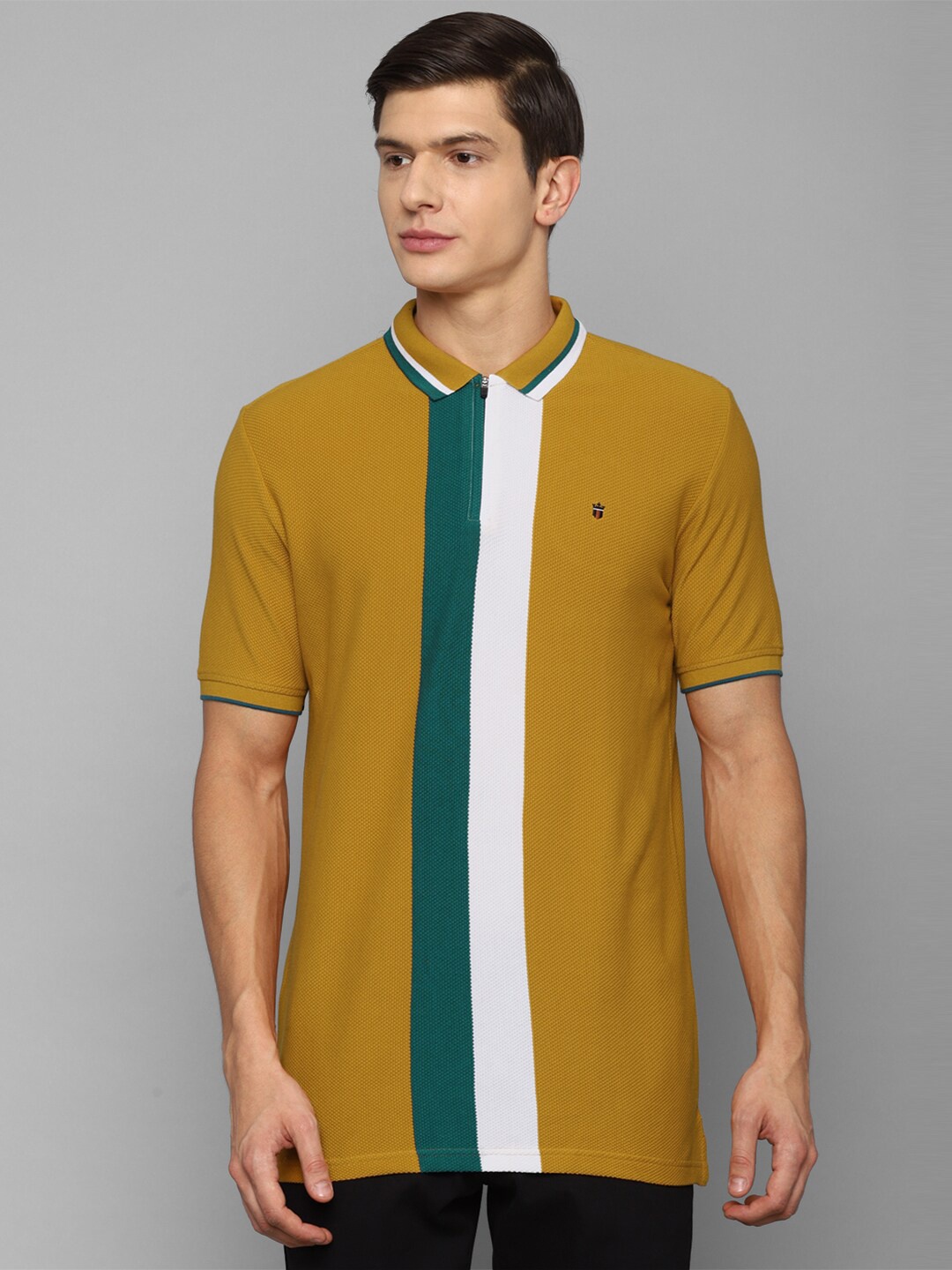 

Louis Philippe Sport Men Mustard Yellow & Green Striped Polo Collar Slim Fit T-shirt
