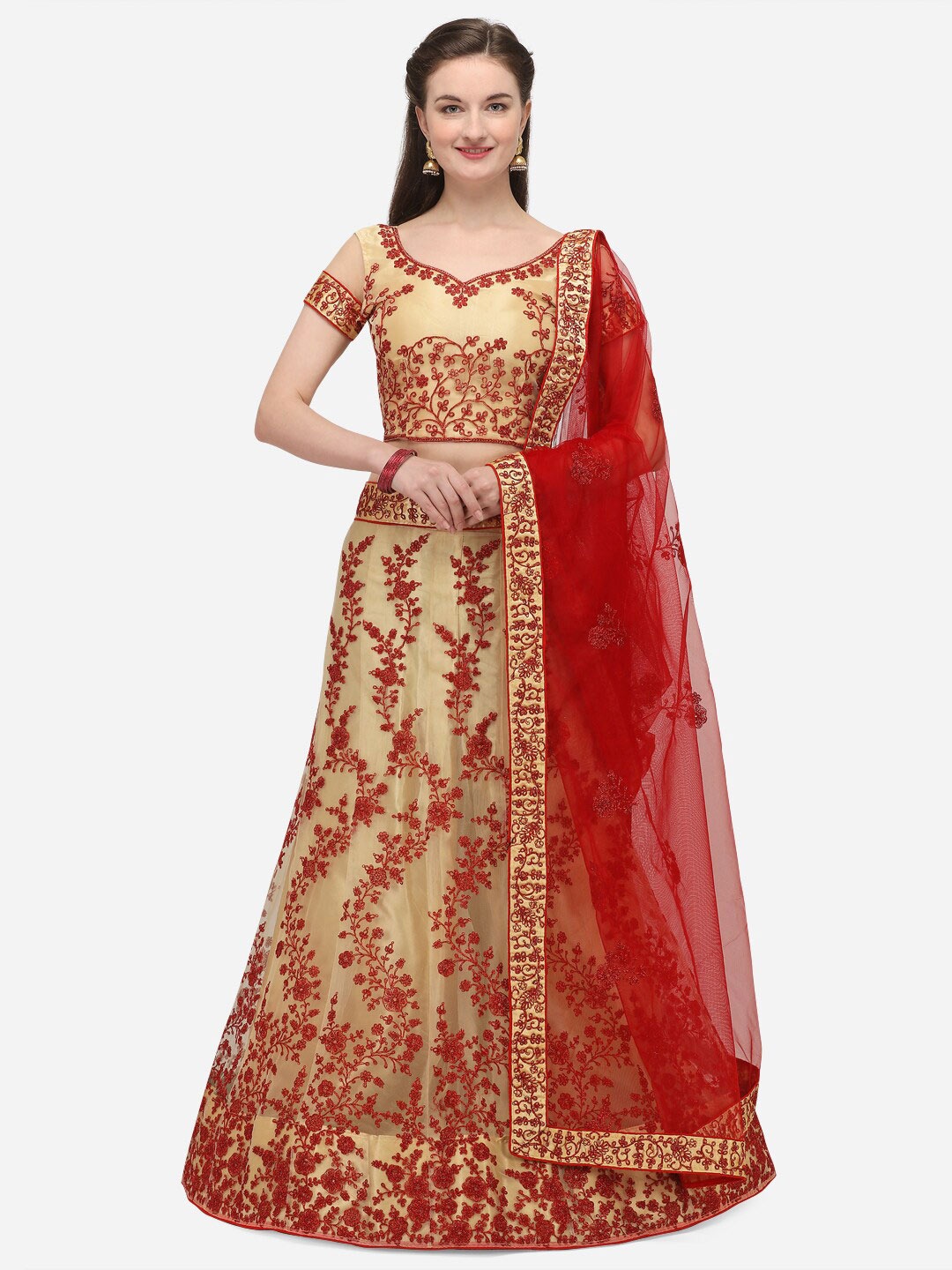 

Netram Beige & Red Embroidered Semi-Stitched Lehenga & Unstitched Blouse With Dupatta