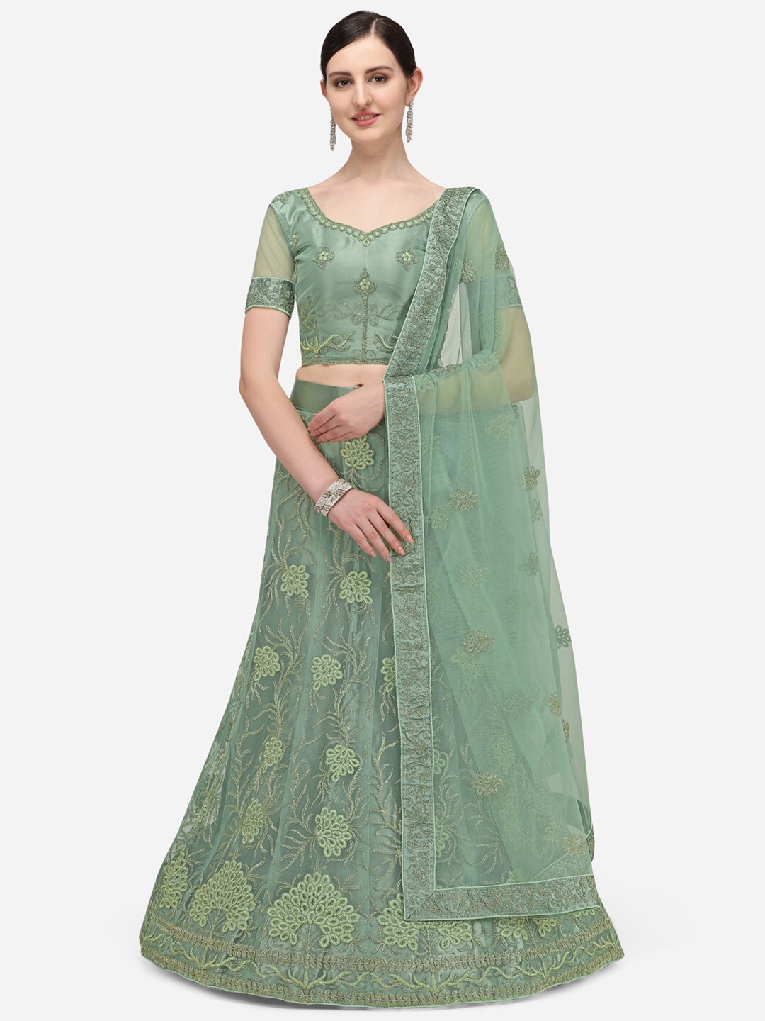

Netram Lime Green Embroidered Semi-Stitched Lehenga & Unstitched Blouse With Dupatta