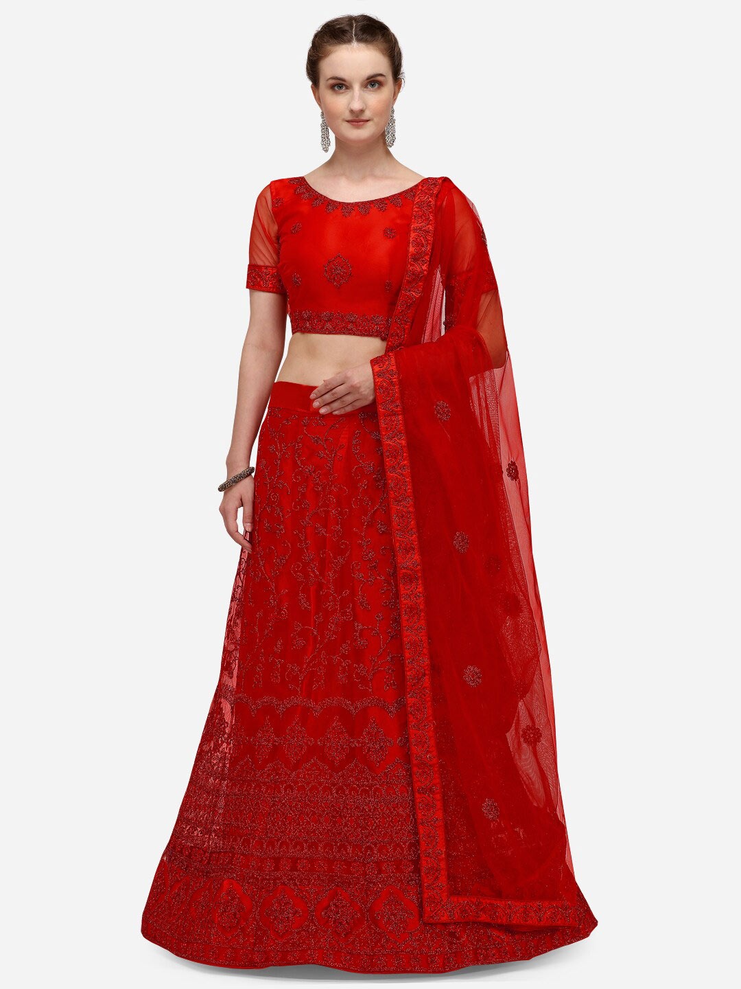 

Netram Red Embroidered Semi-Stitched Lehenga & Unstitched Blouse With Dupatta