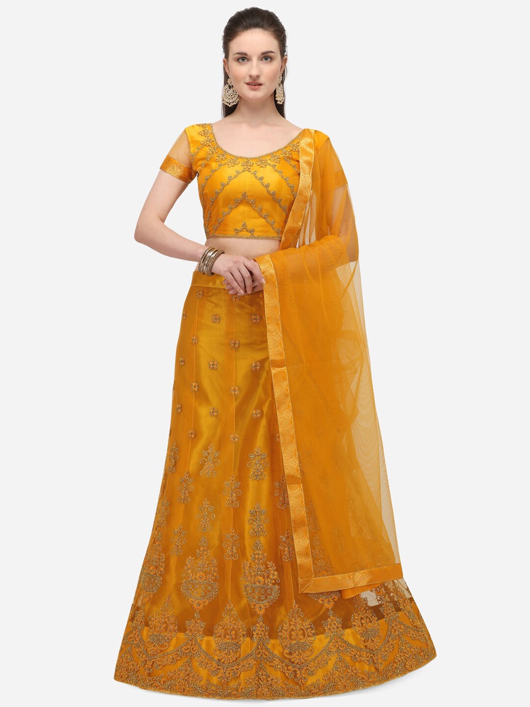 

Netram Yellow & Gold-Toned Embroidered Semi-Stitched Lehenga & Unstitched Blouse With Dupatta