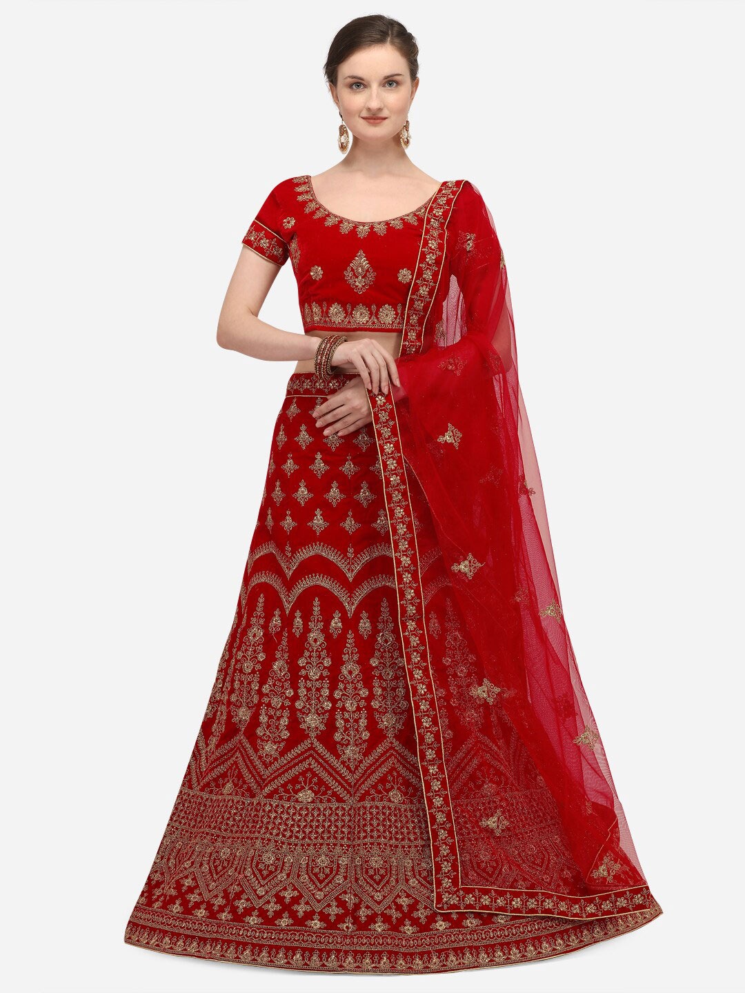 

Netram Red & Gold-Toned Embroidered Semi-Stitched Lehenga & Unstitched Blouse With Dupatta