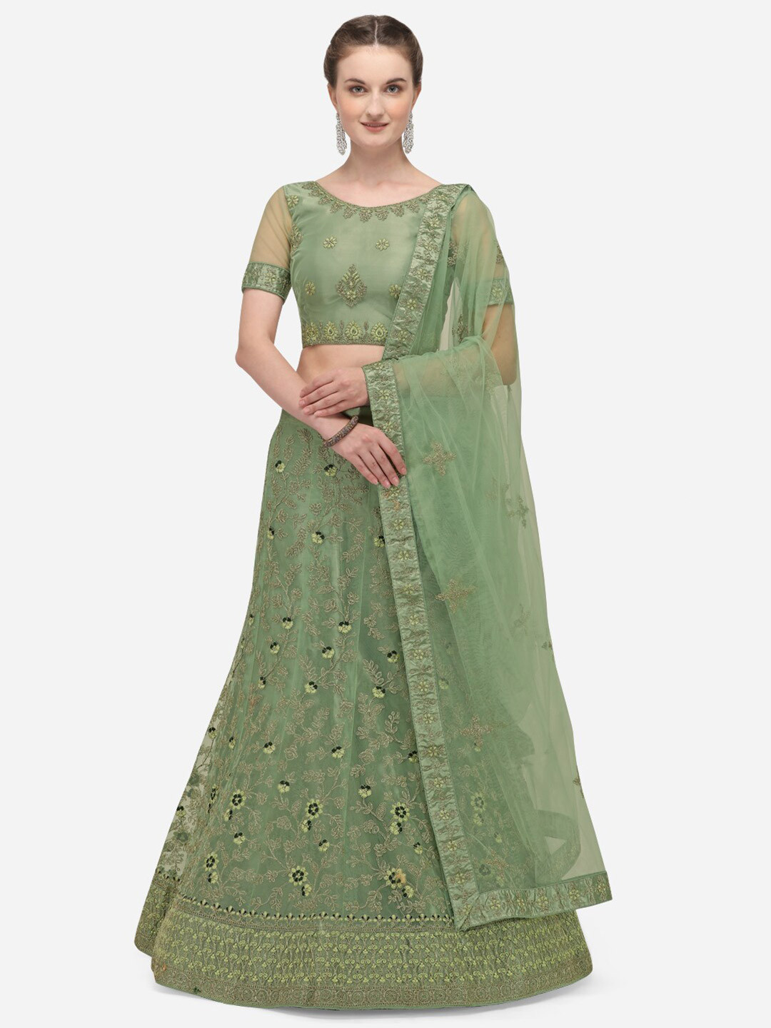 

Netram Olive Green Embroidered Semi-Stitched Lehenga & Unstitched Blouse With Dupatta